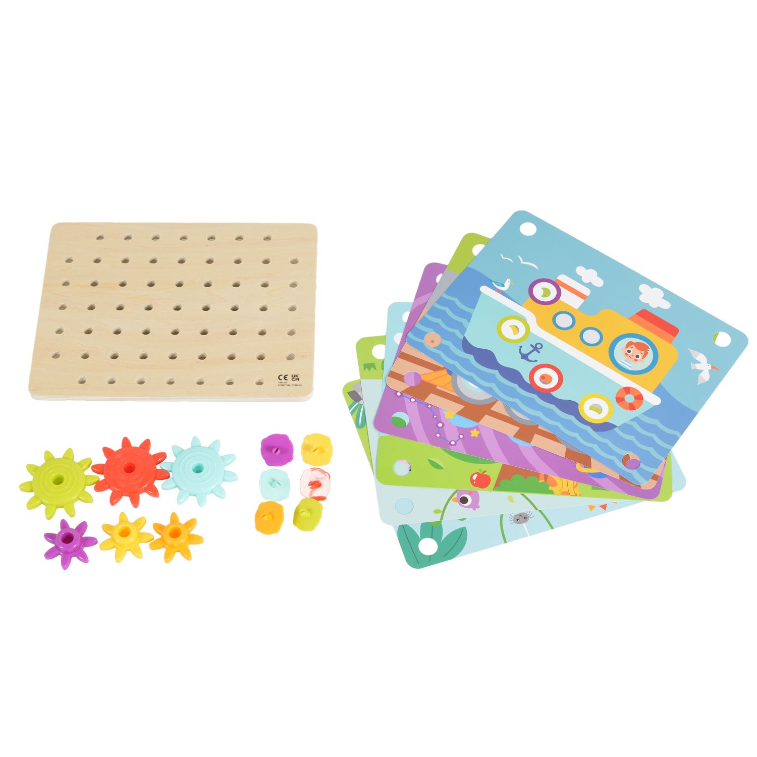 Tooky Toy Holzspielzeug TK352 Zahnr&auml;derspiel 19 teilig, Steckspiel, Motorikspiel bunt - Bild 1