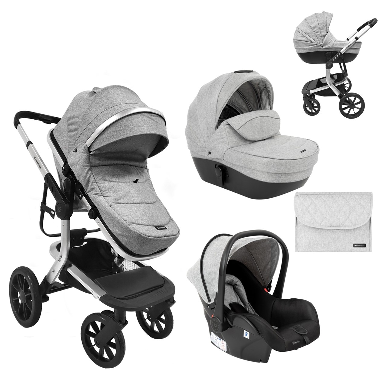 Kikkaboo Kombikinderwagen Irene 3 in 1 Babywanne Autositz Adapter Wickeltasche grau hellgrau - Bild 1