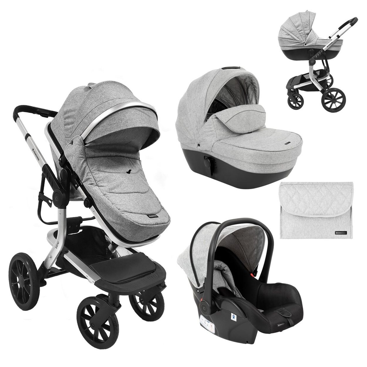 Kikkaboo Kombikinderwagen Irene 3 in 1 Babywanne Autositz Adapter Wickeltasche grau hellgrau