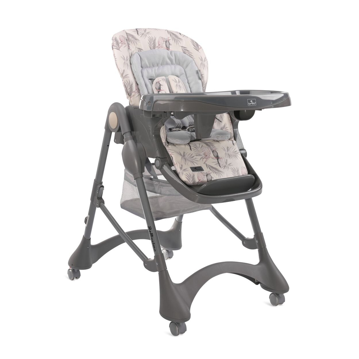 Lorelli Kinderhochstuhl Bellissimo klappbar, Räder, Korb, Liegeposition, Tablett grau