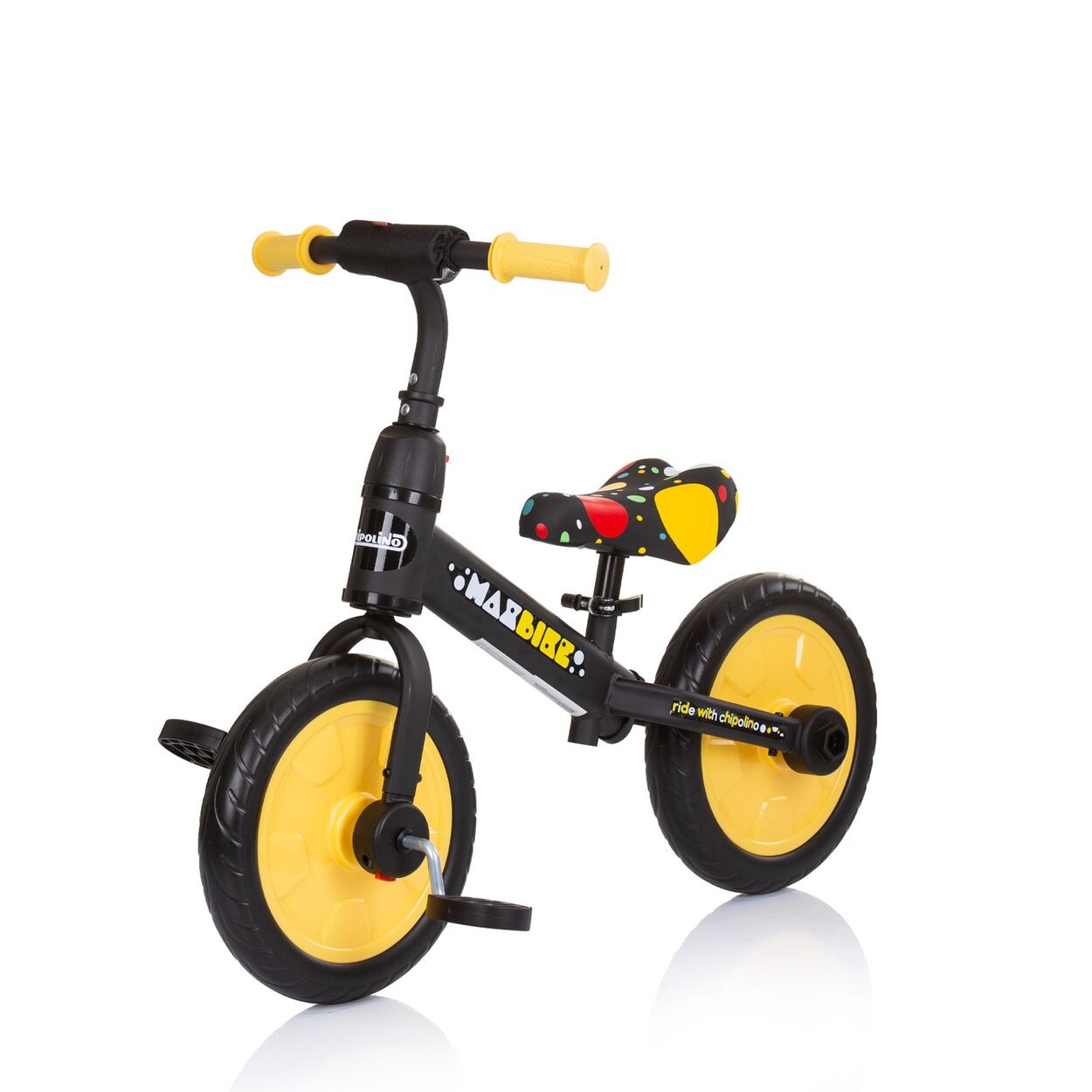 Chipolino Dreirad, Laufrad 2 in 1, Max Bike, 10 Zoll Räder, Pedale, Stützräder gelb Monster