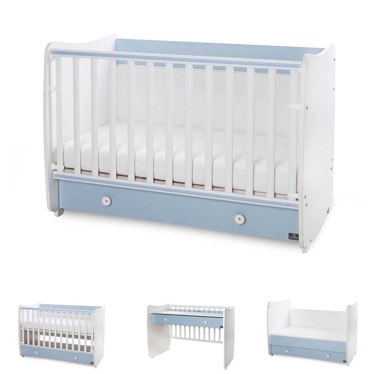 Lorelli Babybett Dream 70 x 140 cm umbaubar Kinderbett Schaukelbett Schreibtisch weiß blau