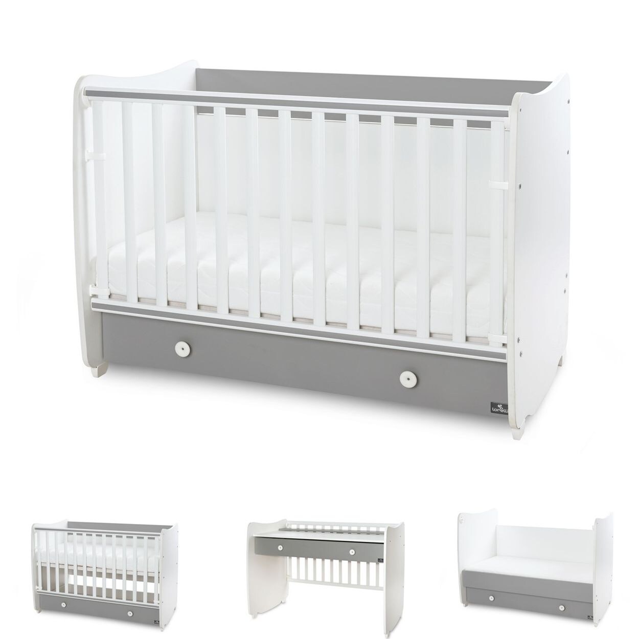 Lorelli Babybett Dream 70 x 140 cm umbaubar Kinderbett Schaukelbett Schreibtisch weiß dunkelgrau