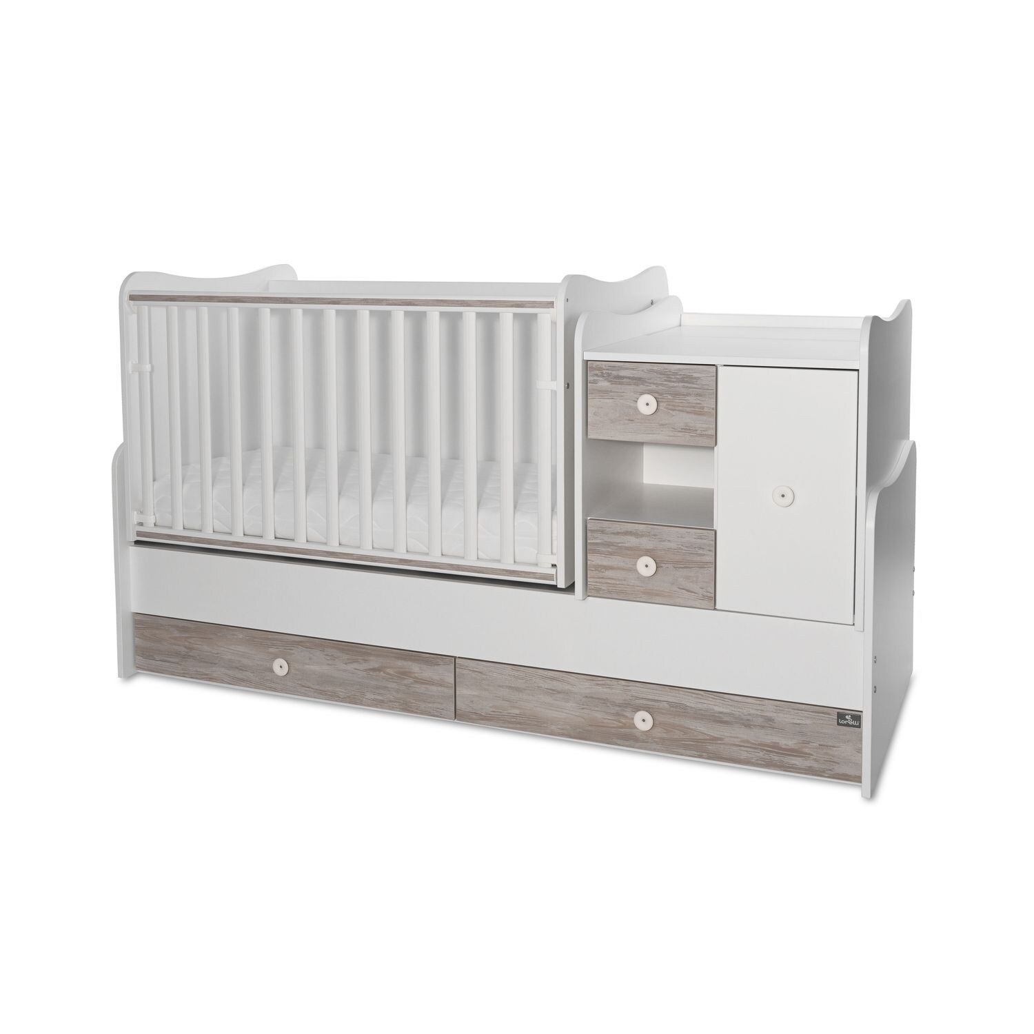 Lorelli Babybett, Jugendbett 3 in 1 Mini Max umbaubar, für 2 Kinder gleichzeitig weiß grau | 03800166107356