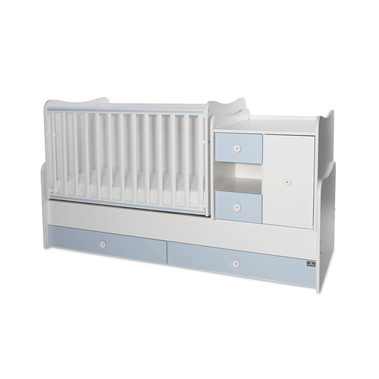 Lorelli Babybett, Jugendbett 3 in 1 Mini Max umbaubar, für 2 Kinder gleichzeitig weiß blau