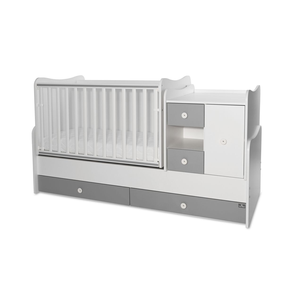 Lorelli Babybett, Jugendbett 3 in 1 Mini Max umbaubar, für 2 Kinder gleichzeitig weiß dunkelgrau