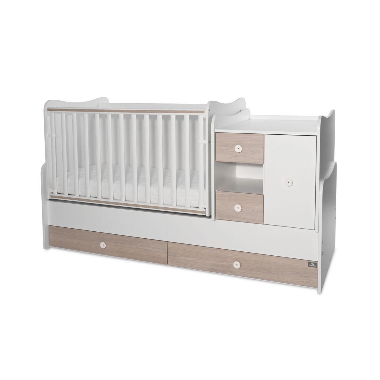 Lorelli Babybett, Jugendbett 3 in 1 Mini Max umbaubar, für 2 Kinder gleichzeitig hellbraun weiß