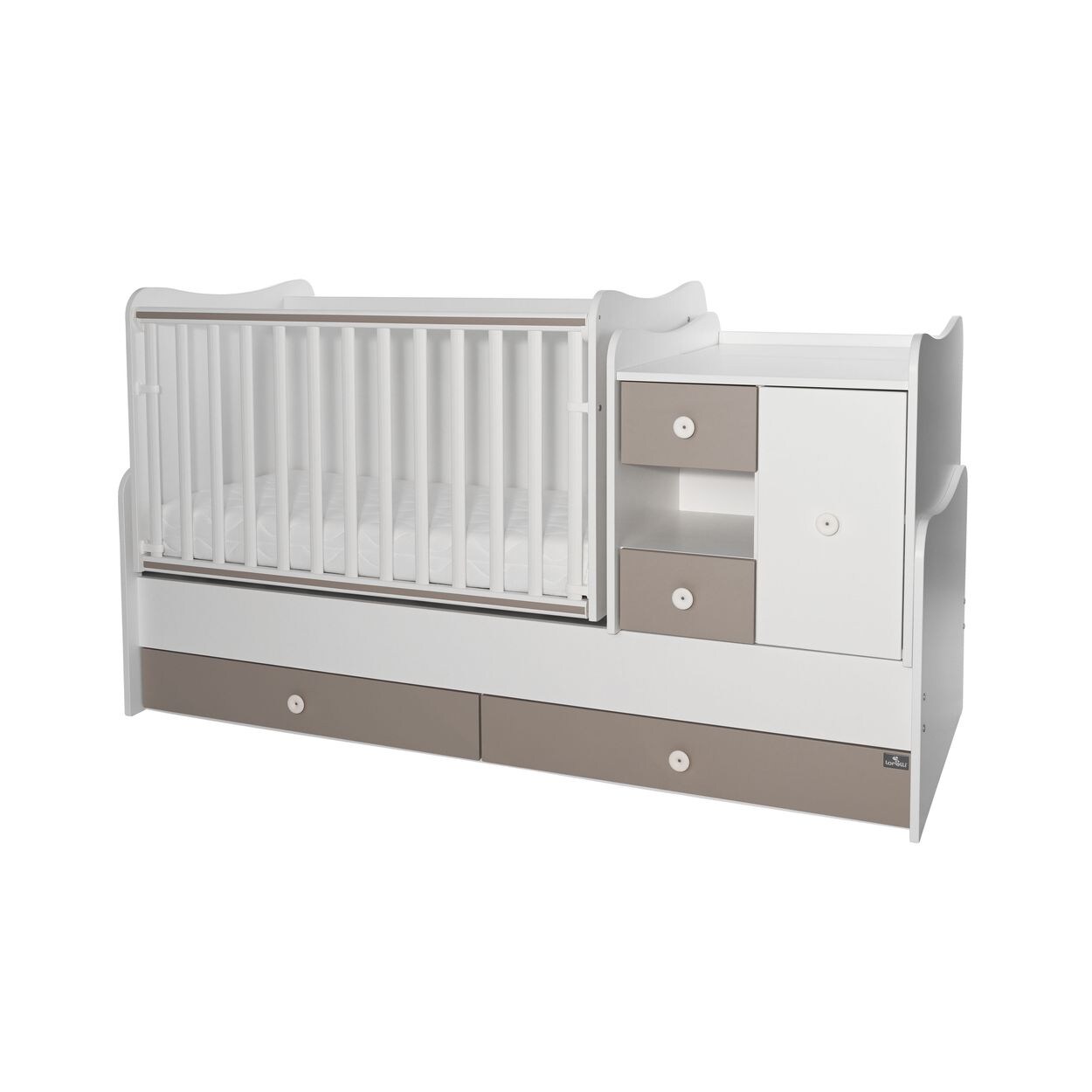 Lorelli Babybett, Jugendbett 3 in 1 Mini Max umbaubar, für 2 Kinder gleichzeitig dunkelbraun weiß