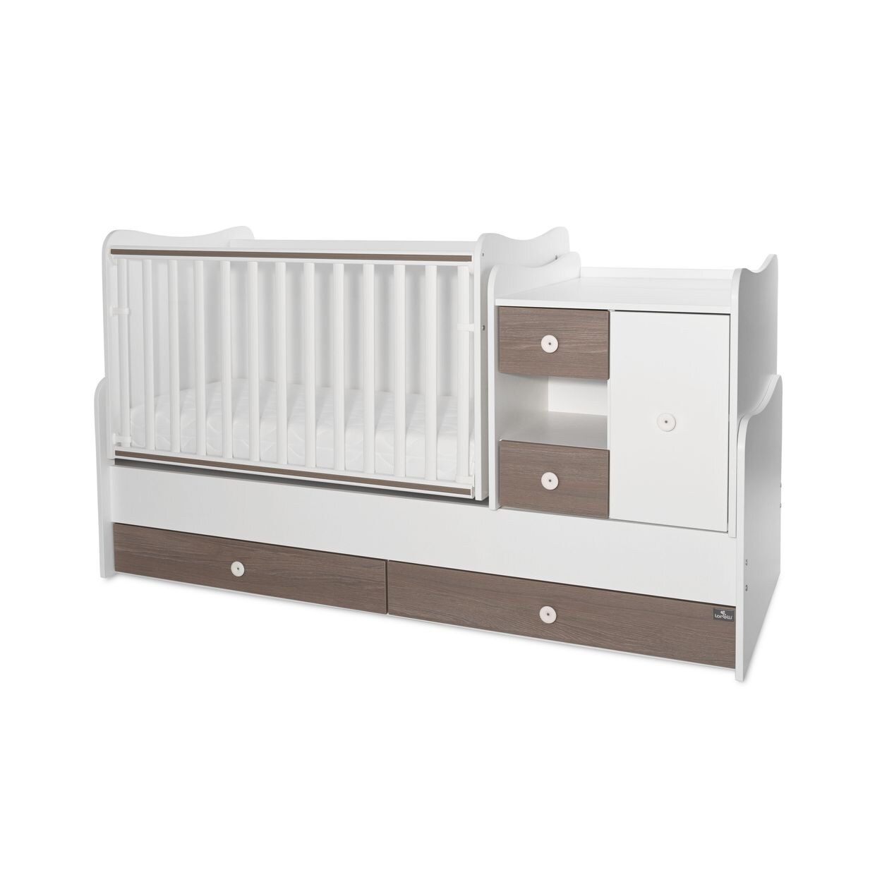 Lorelli Babybett, Jugendbett 3 in 1 Mini Max umbaubar, für 2 Kinder gleichzeitig braun weiß