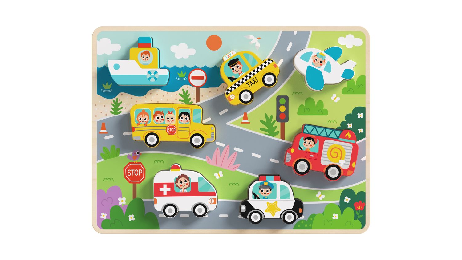Tooky Toy Kinder Holz-Puzzle Fahrzeuge 3D TH634 Steckpuzzle, 8-teilig, ab 1 Jahr bunt - Bild 1