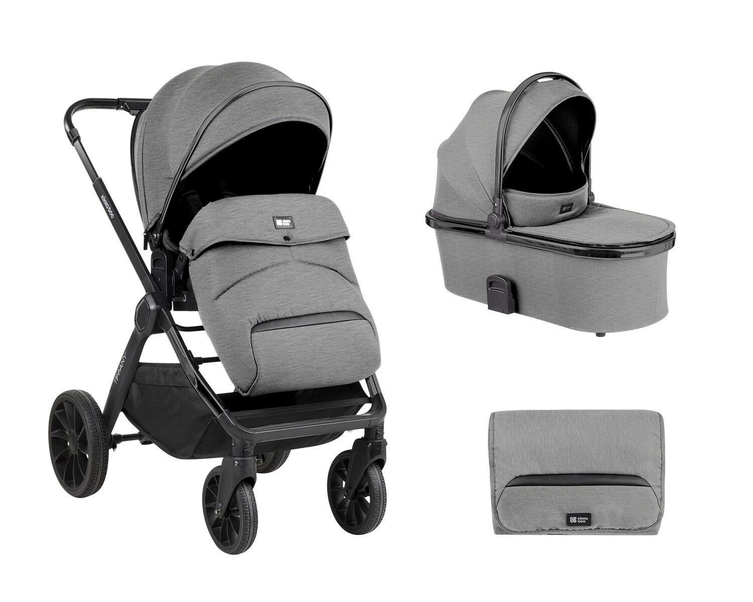 Kikkaboo Kinderwagen Tiffany 2 in 1 Babywanne, Sportsitz, Wickeltasche, PU-Räder hellgrau | 03801001011951