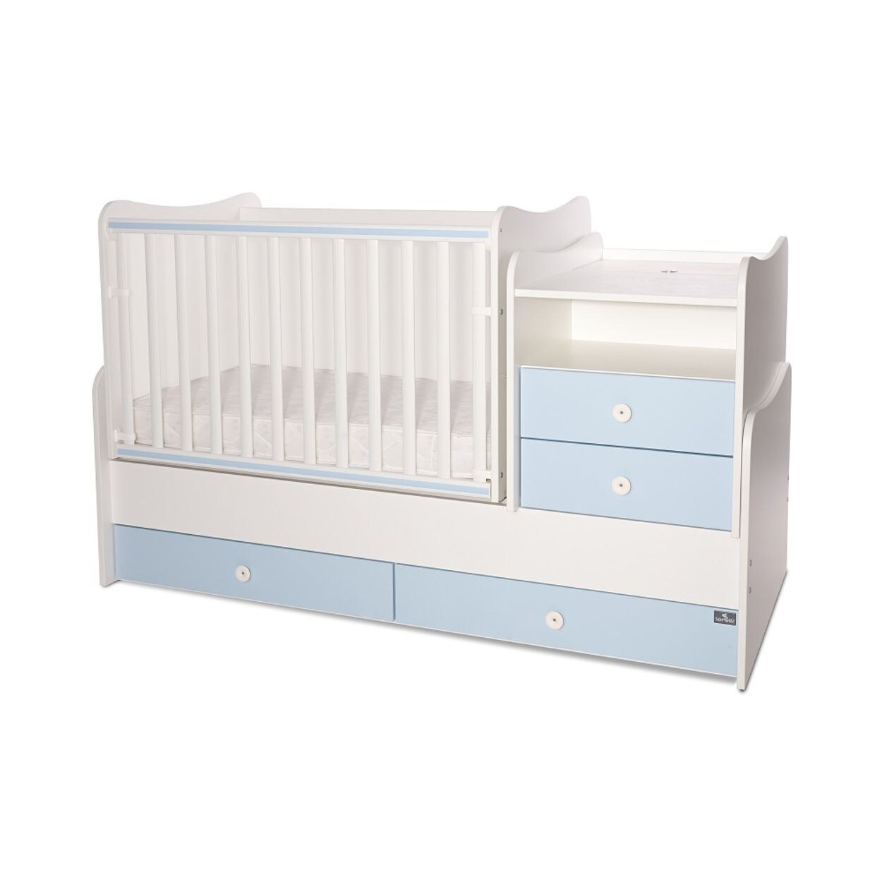 Lorelli Baby- Jugendbett Combo umbaubar 2 Kinder gleichzeitig Schaukelfunktion weiß blau