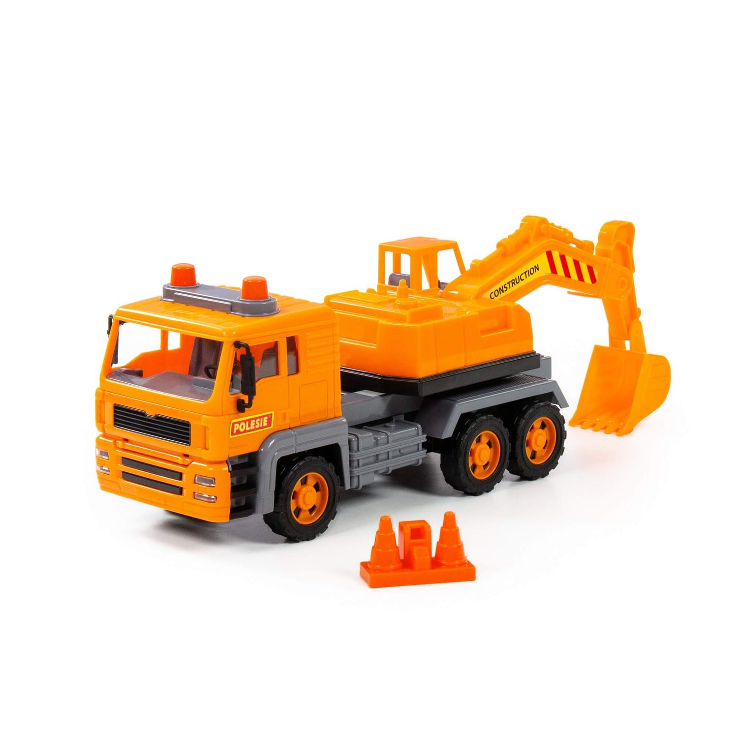 Polesie Spielzeug LKW Bagger 88963 Pylonen, Schwungantrieb, bewegliche Schaufel orange - Bild 1