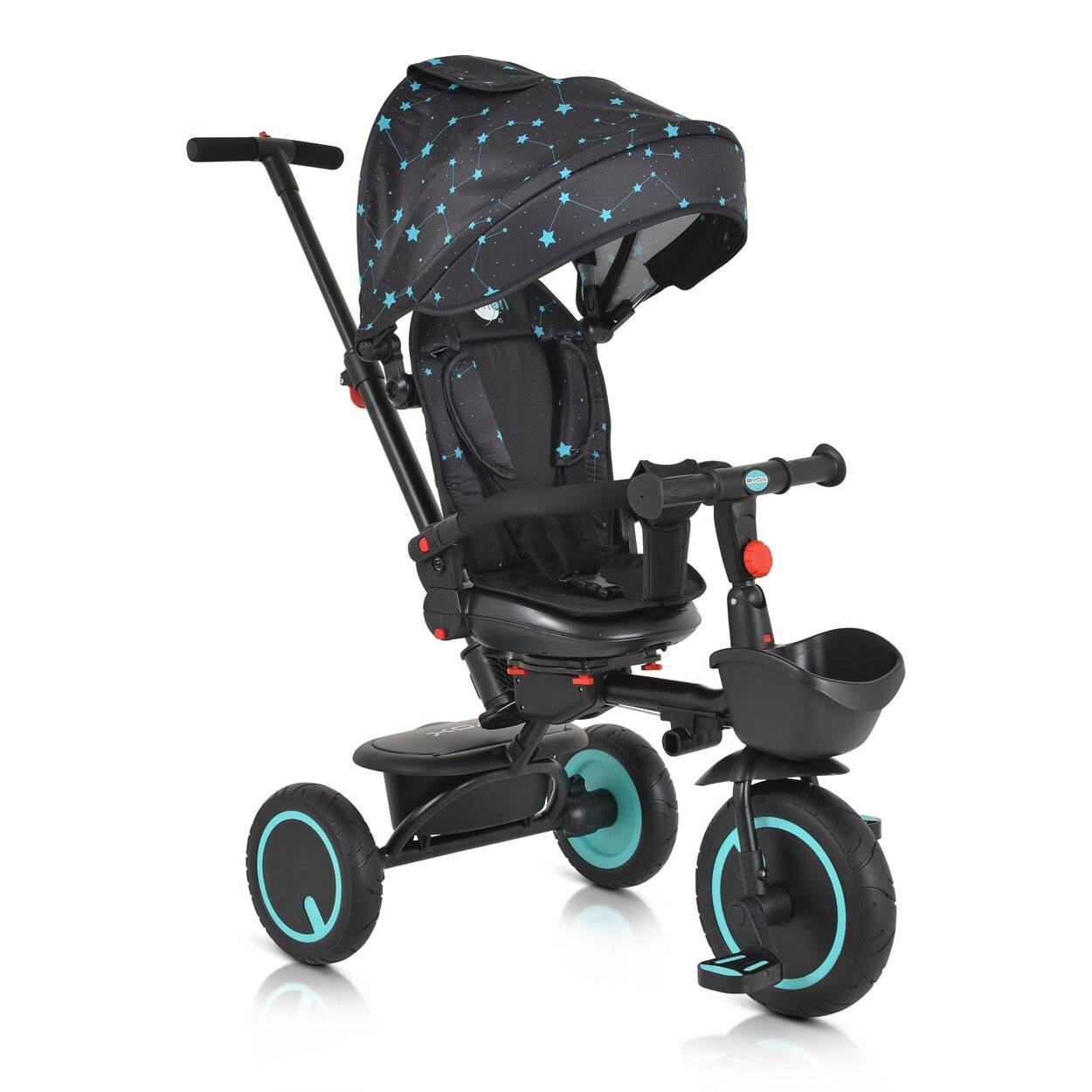 Byox Dreirad Tricycle Orion faltbar, PU-Reifen, drehbarer Sitz, Schiebestange türkis