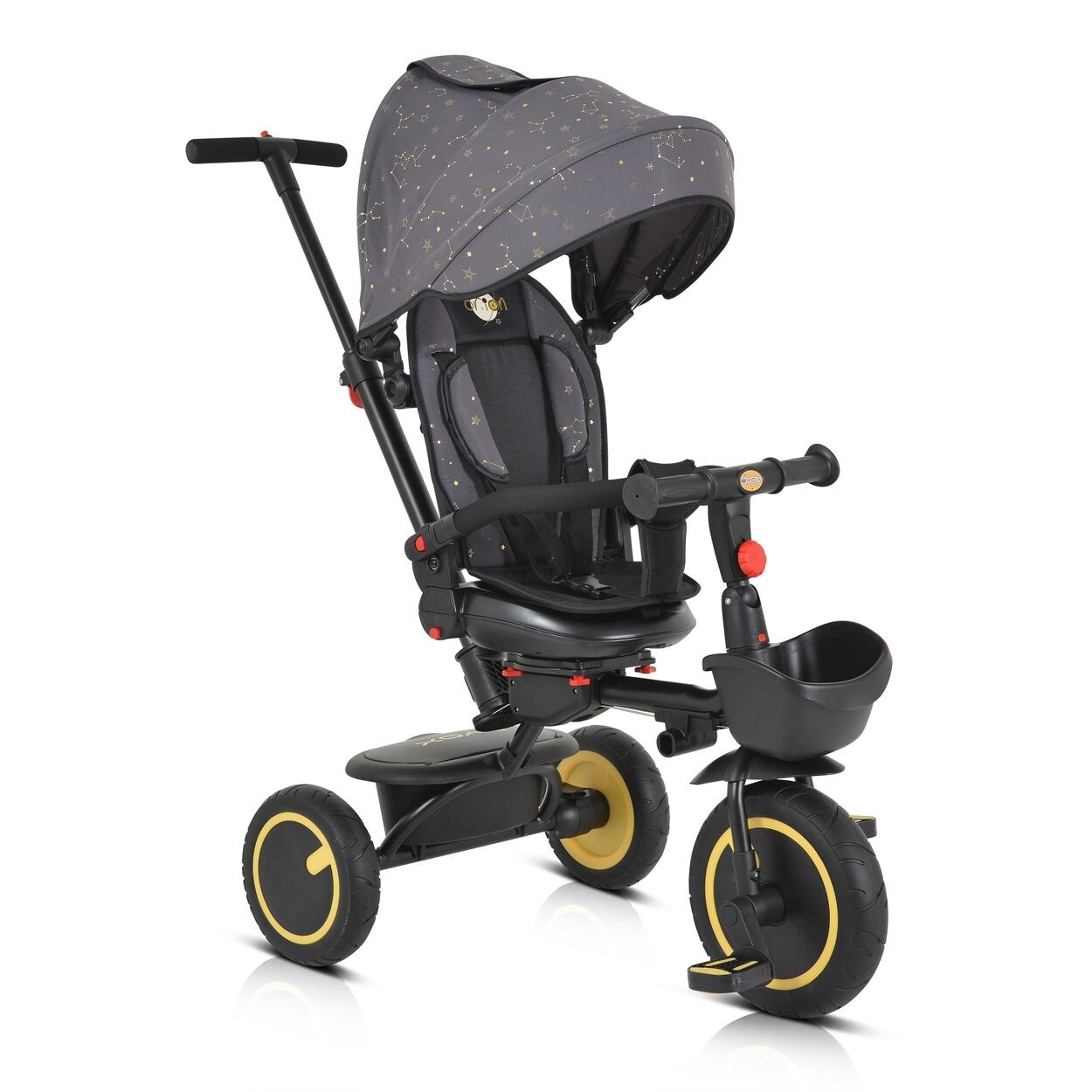 Byox Dreirad Tricycle Orion faltbar, PU-Reifen, drehbarer Sitz, Schiebestange gelb