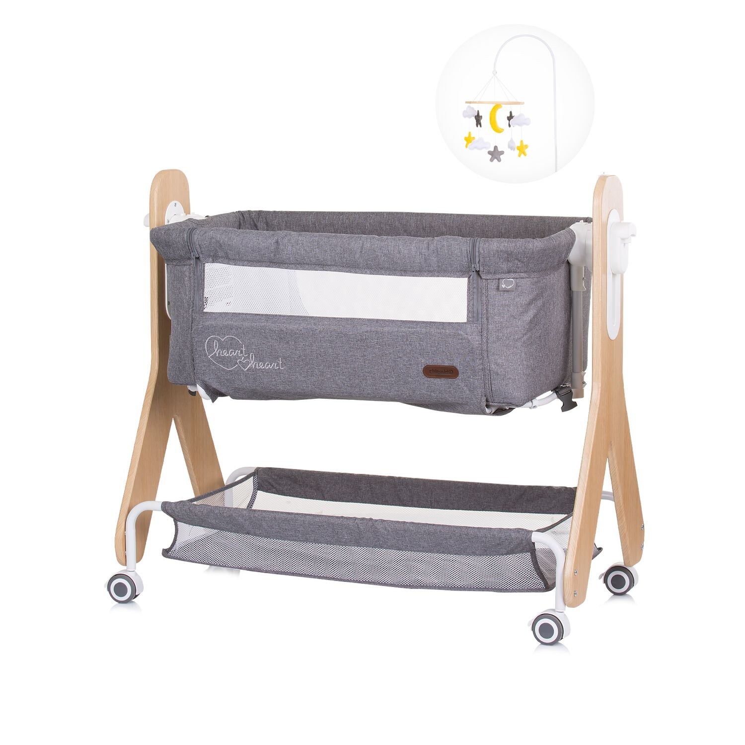 Chipolino Babybett Heart 2 Heart, Beistellbett, Rollen, Matratze, Wiegefunktion dunkelgrau | 03800931055769