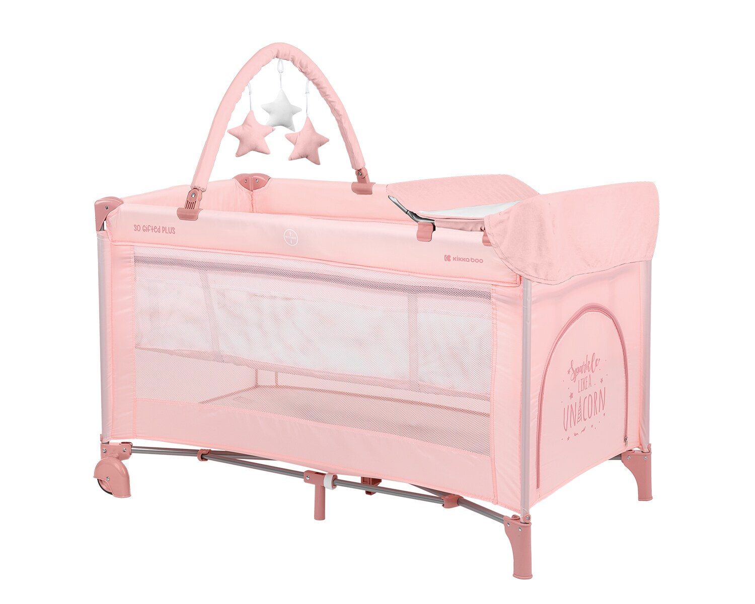 Kikkaboo Reisebett So Gifted Plus zwei Ebenen, Spielbogen, Wickelauflage, Räder rosa | 03800171203005