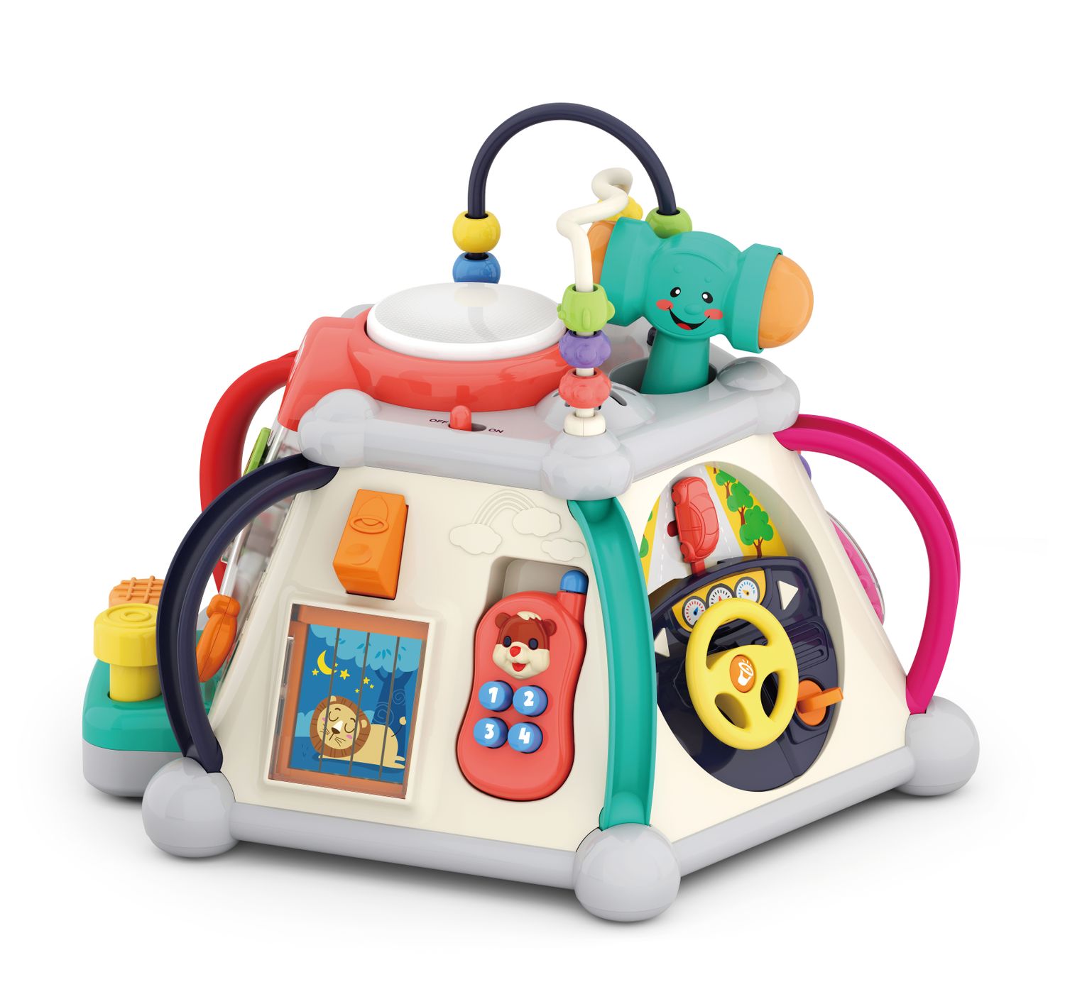 Moni Activity Pyramide 806 Musikfunktion Perlenlabyrinth Hammer Lenkrad Telefon bunt - Bild 1