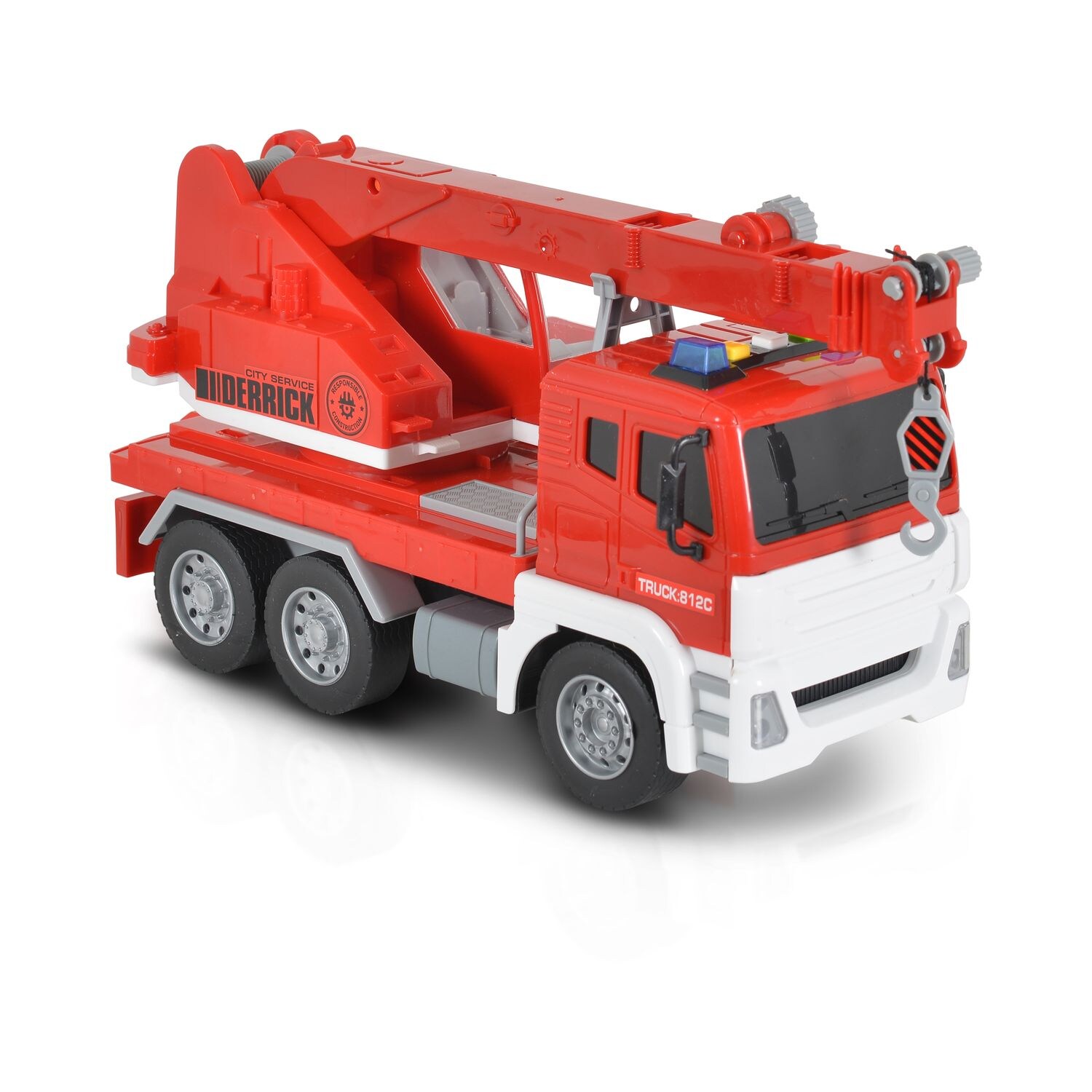 Moni Spielzeug LKW Kranwagen 1:12 Seilwinde schwenkbarer Kranaufsatz Musik Licht rot | 03800146223861