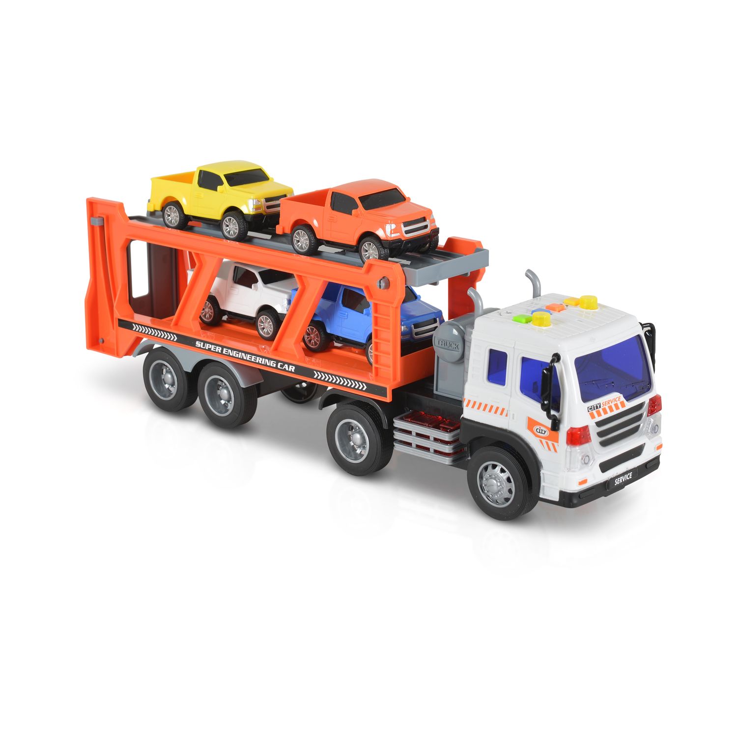 Moni Spielzeug Autotransporter WY572A, Soundfunktion, 1:16, Ladefl&auml;che, 4 Autos orange - Bild 1