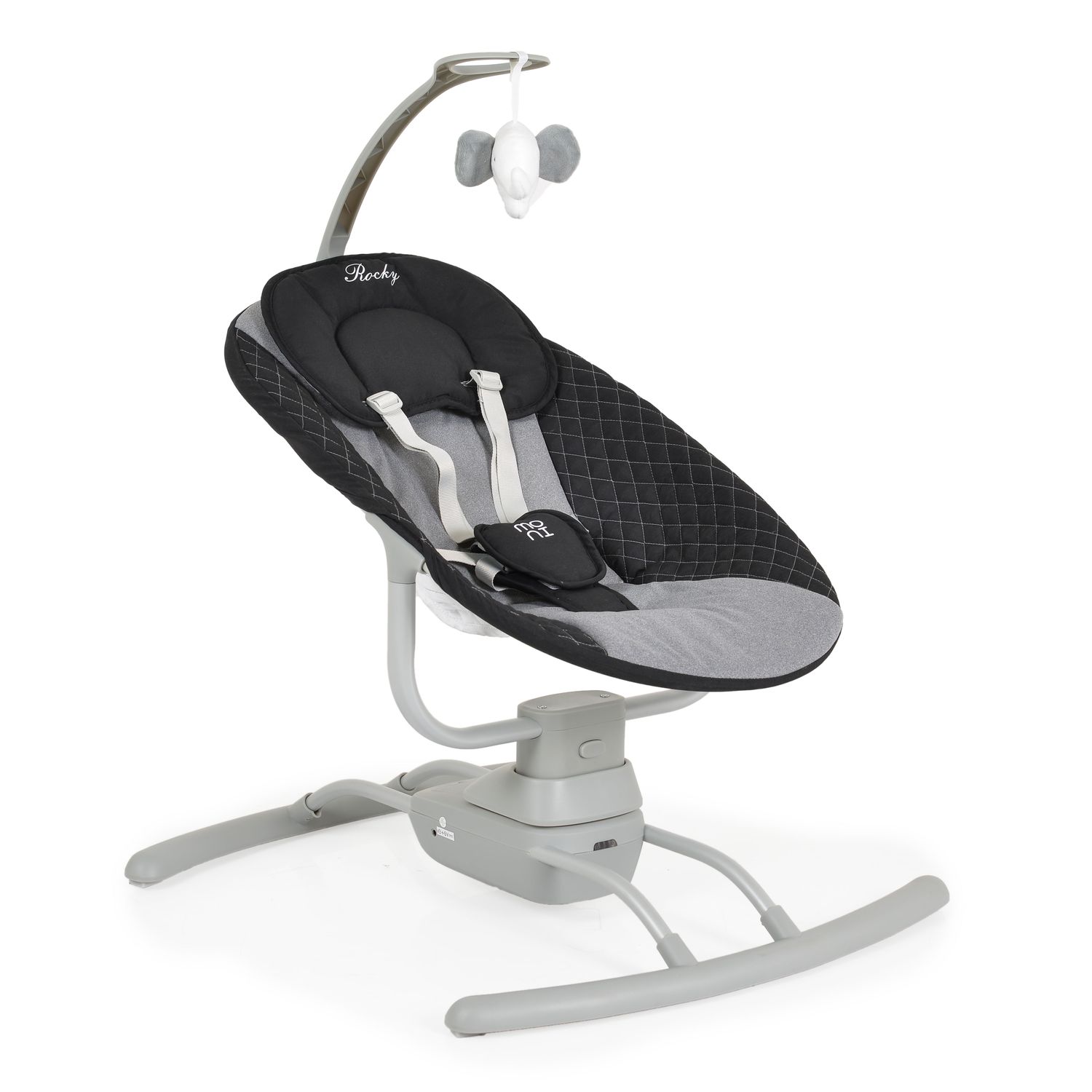 Moni Babywippe elektrisch Rocky Kissen Musik Stofftier Moskitonetz Fernbedienung grau - Bild 1