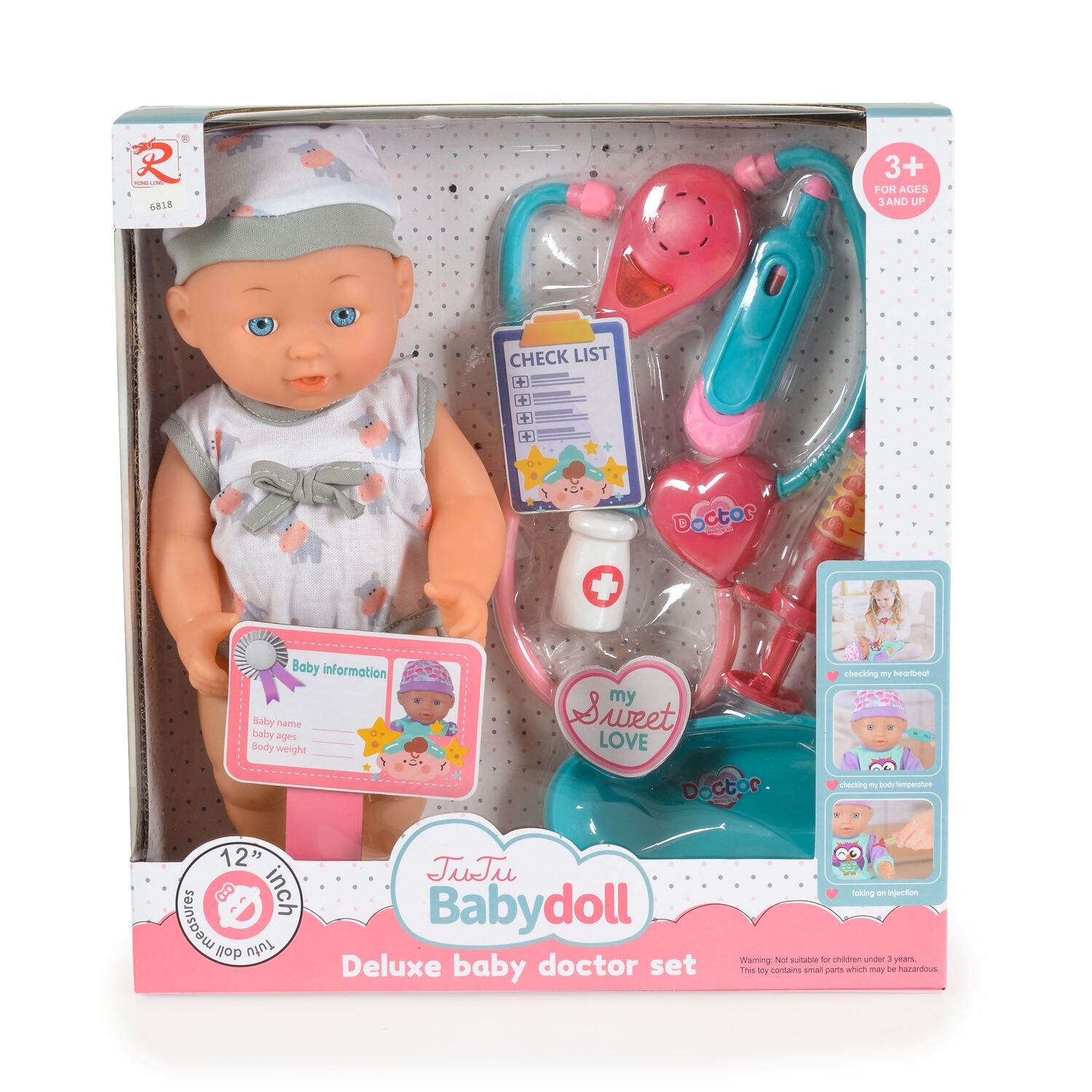 Moni Kinderpuppe 31 cm Stethoskop, Arztzubehör, Arztausweis, mit Geräuschen  grau | 03800146223595