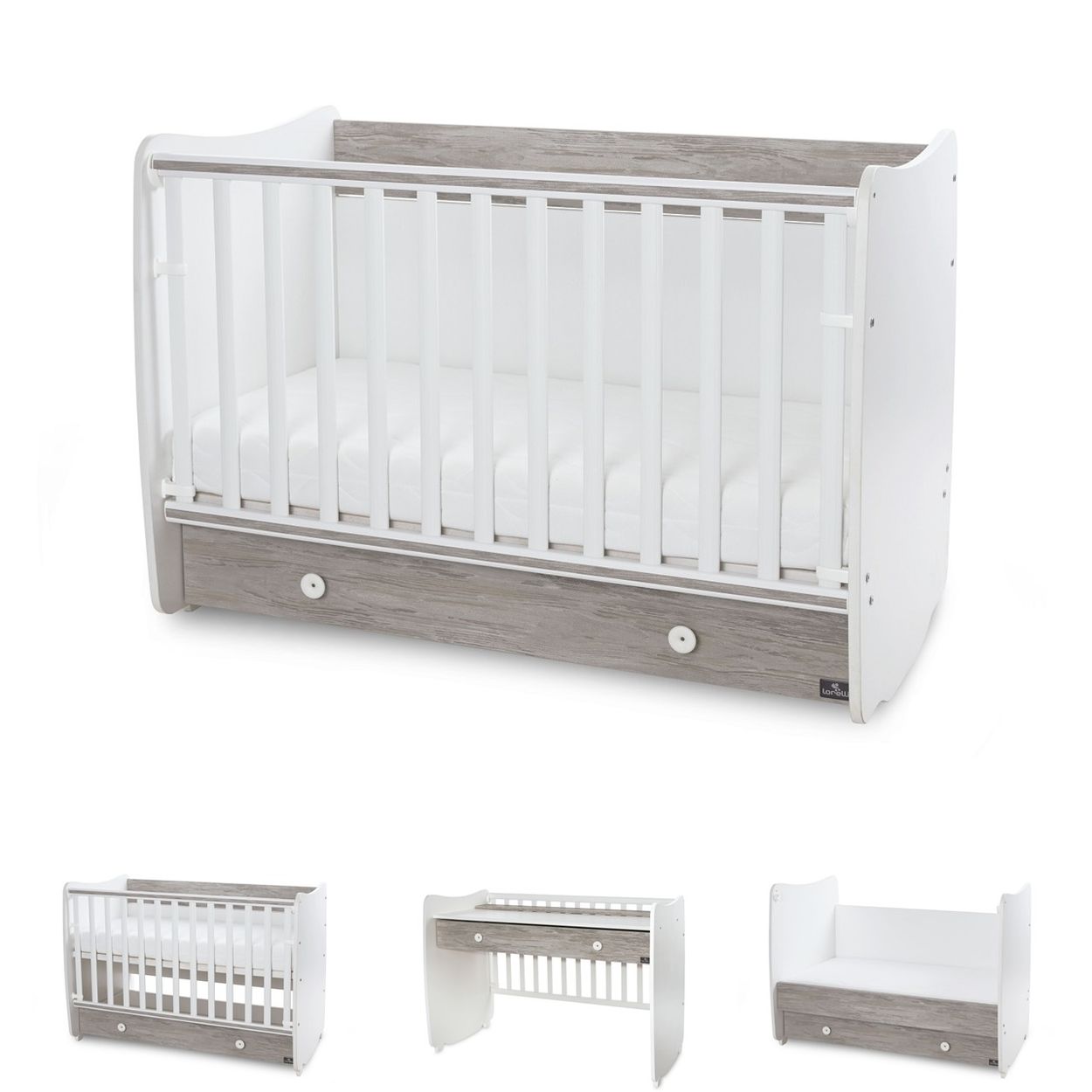 Lorelli Babybett Dream 70 x 140 cm umbaubar Kinderbett Schaukelbett Schreibtisch wei&szlig; grau - Bild 1