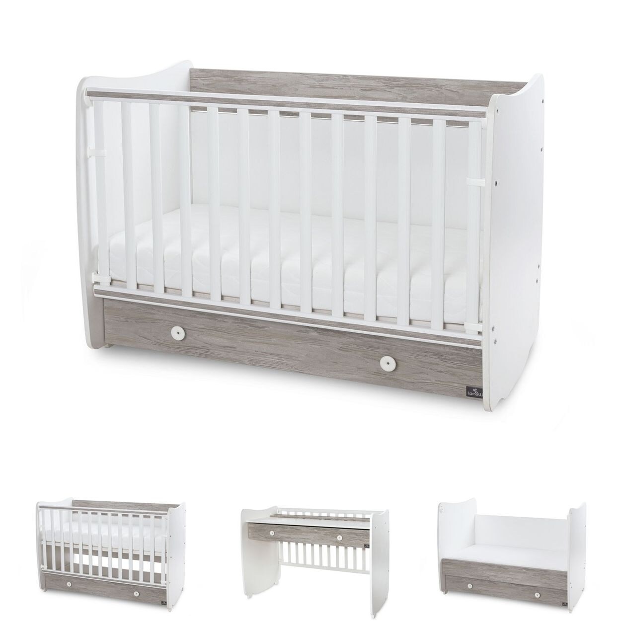 Lorelli Babybett Dream 70 x 140 cm umbaubar Kinderbett Schaukelbett Schreibtisch weiß grau | 03800166109145