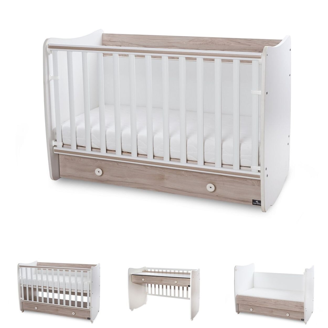 Lorelli Babybett Dream 70 x 140 cm umbaubar Kinderbett Schaukelbett Schreibtisch weiß braun