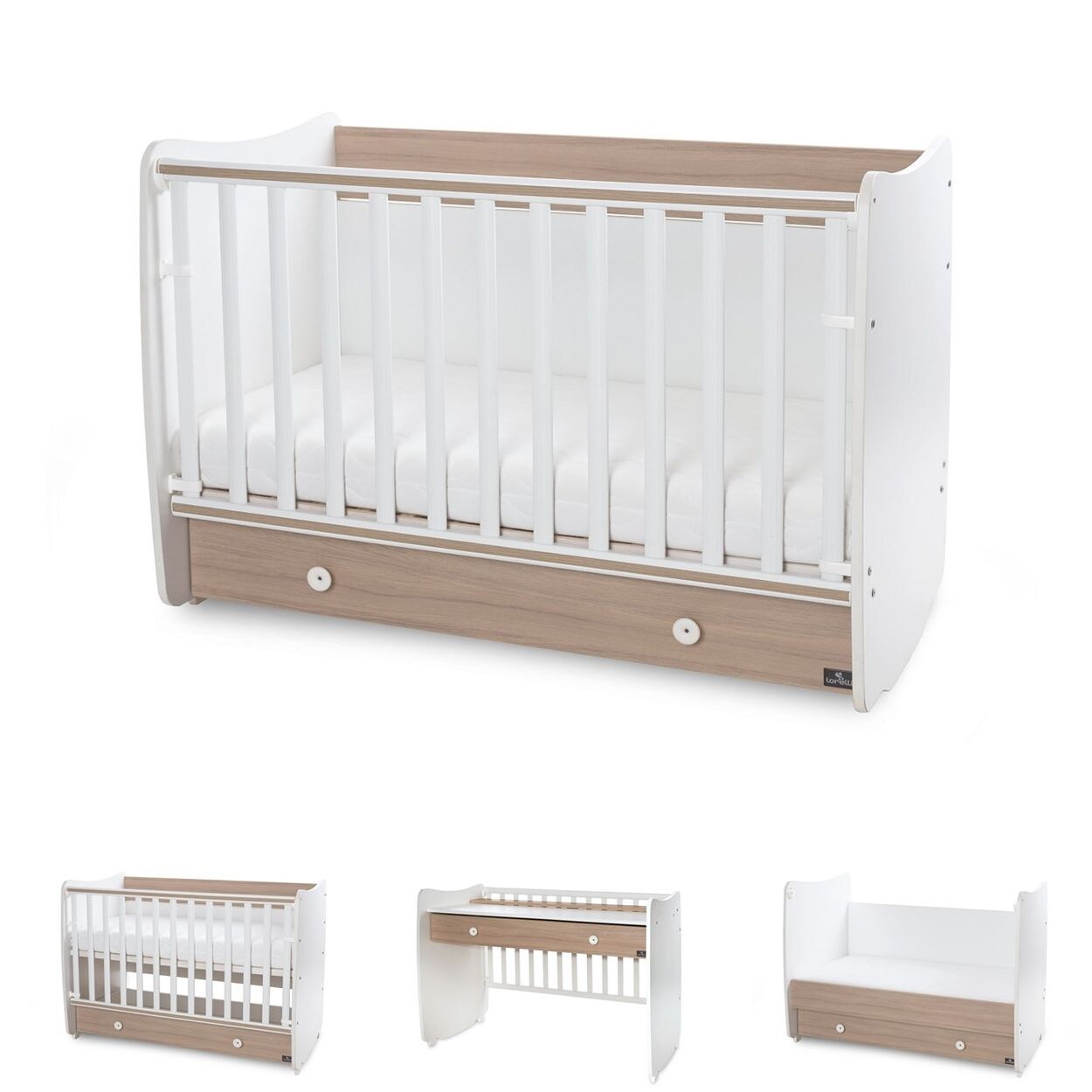 Lorelli Babybett Dream 70 x 140 cm umbaubar Kinderbett Schaukelbett Schreibtisch hellbraun weiß