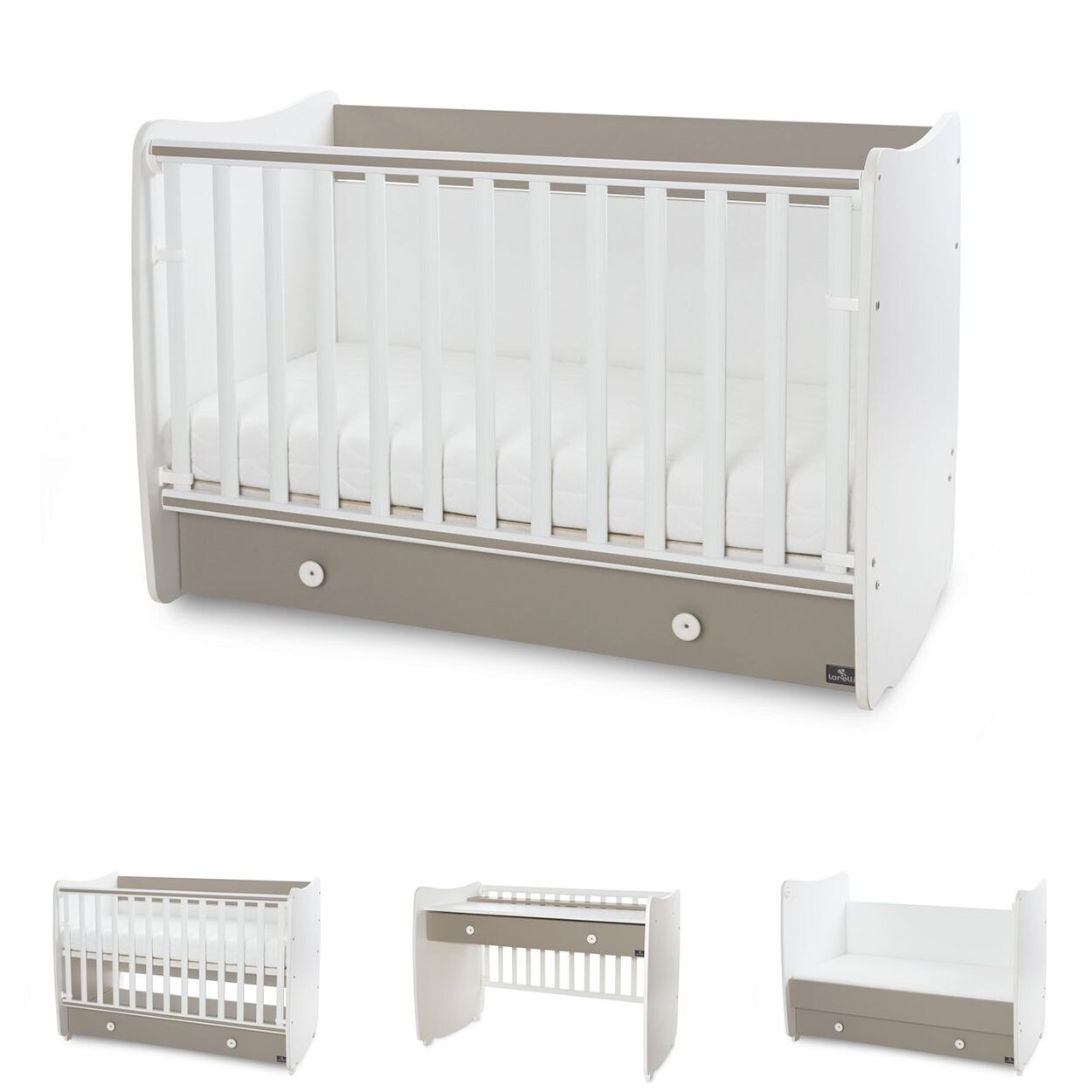 Lorelli Babybett Dream 70 x 140 cm umbaubar Kinderbett Schaukelbett Schreibtisch dunkelbraun weiß