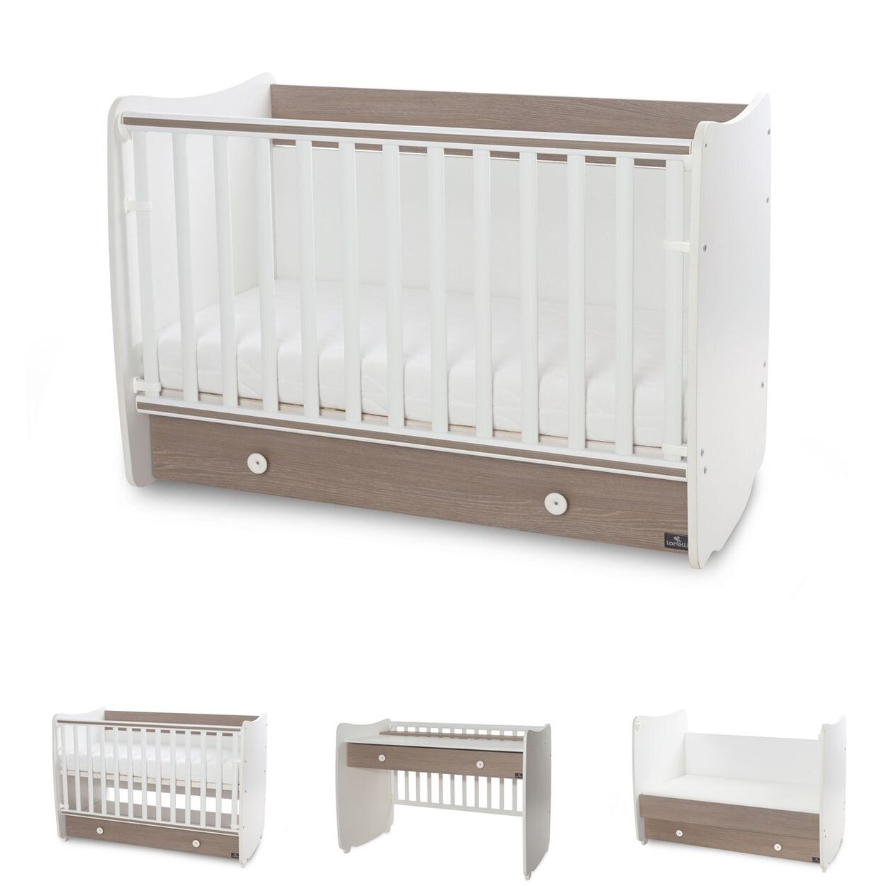 Lorelli Babybett Dream 70 x 140 cm umbaubar Kinderbett Schaukelbett Schreibtisch braun weiß