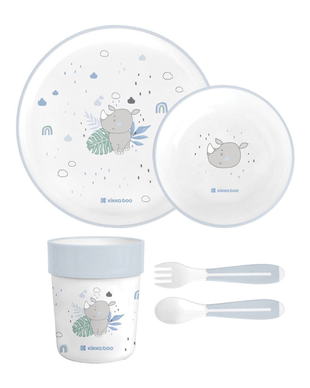 Kikkaboo Kindergeschirr Set Savanna 5-teilig Tiermotiv, Schale, Teller, Besteck hellblau - Bild 1