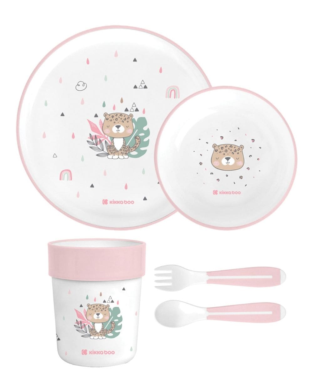 Kikkaboo Kindergeschirr Set Savanna 5-teilig Tiermotiv, Schale, Teller, Besteck pink - Bild 1