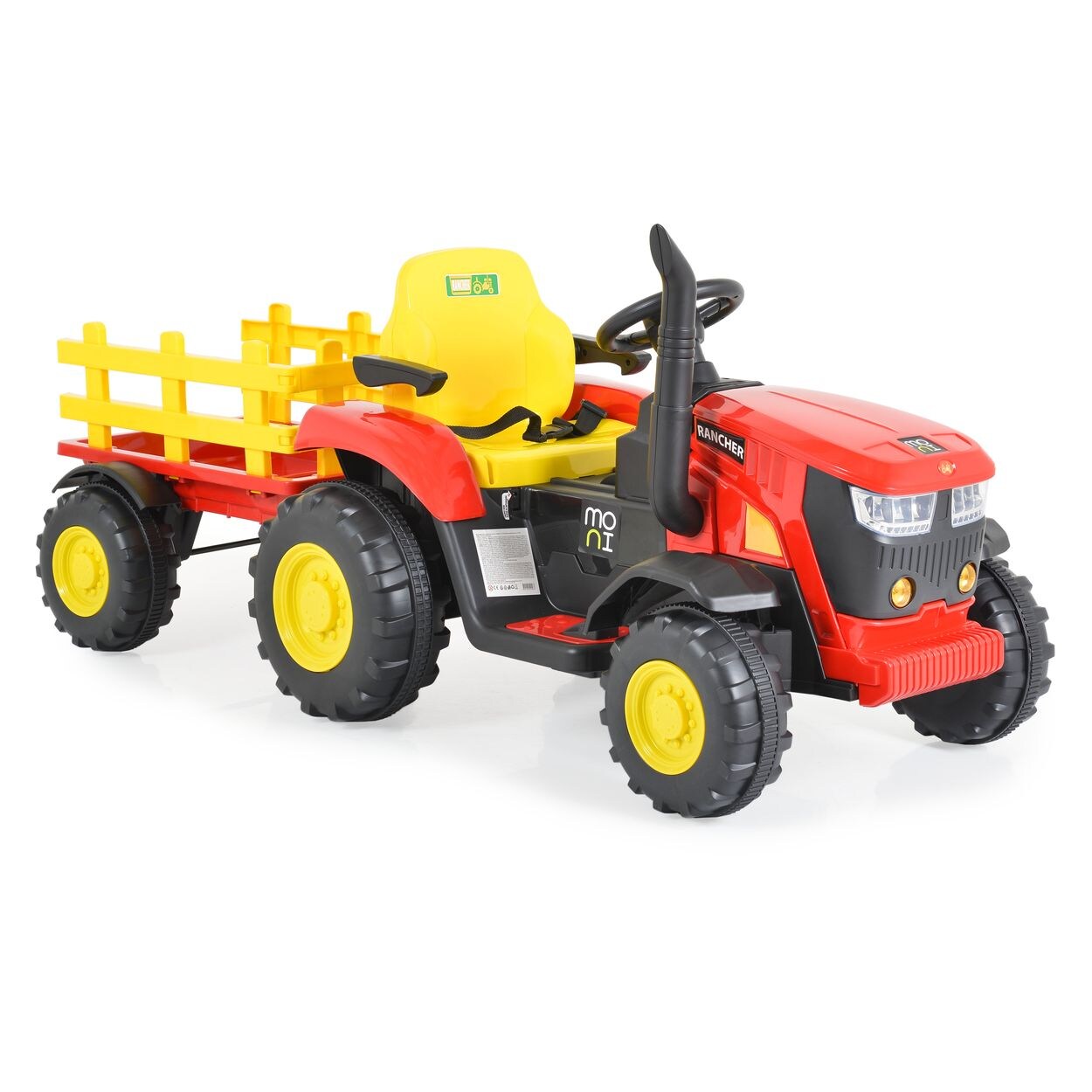 Moni Kinder Elektrotraktor Rancher mit Anhänger, Hupe, Licht, MP3, Fernbedienung rot