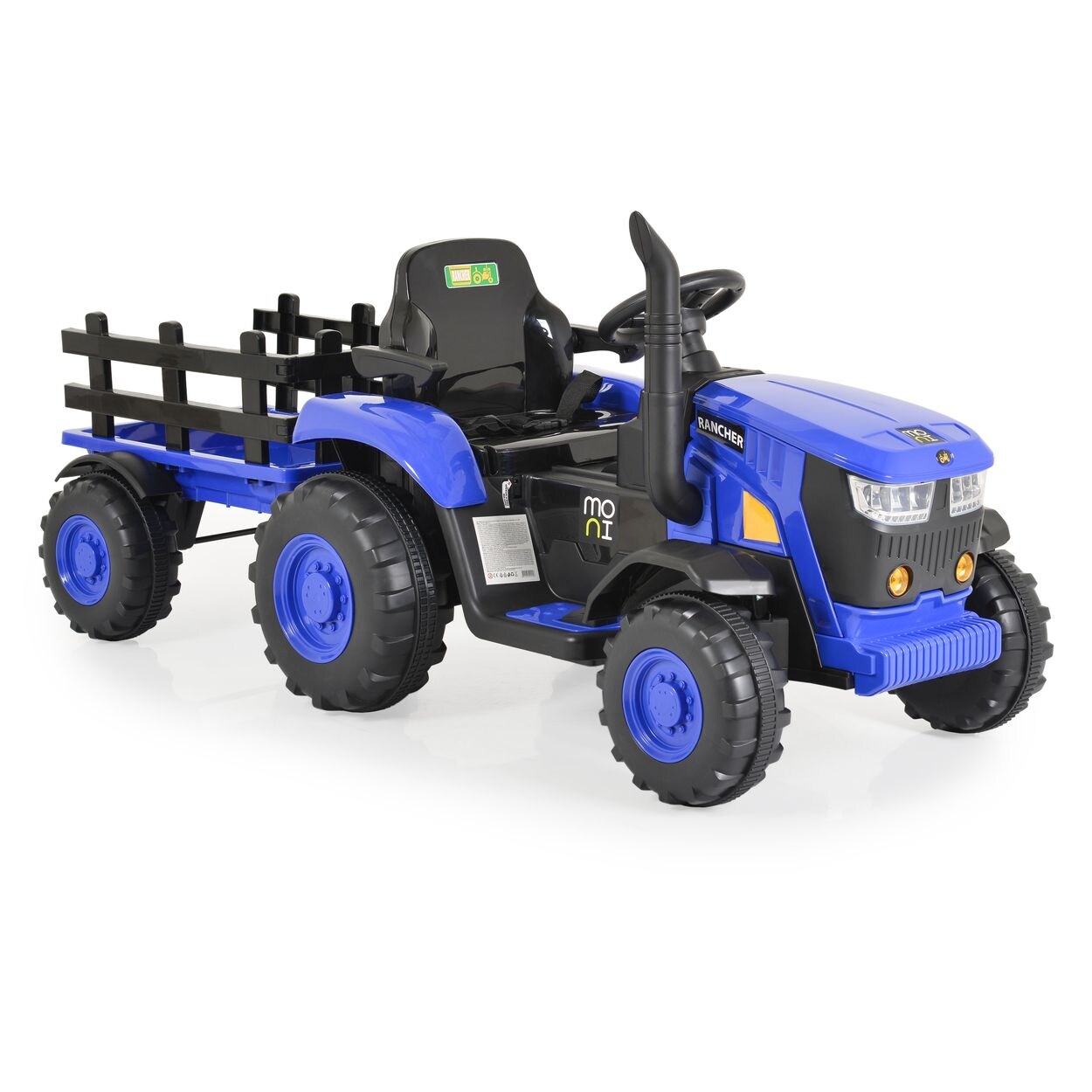 Moni Kinder Elektrotraktor Rancher mit Anhänger, Hupe, Licht, MP3, Fernbedienung blau