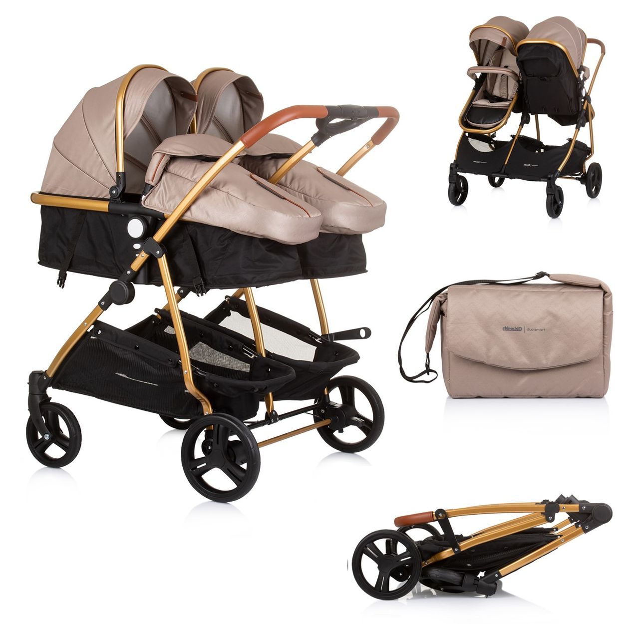 Chipolino Geschwisterkinderwagen Duo Smart klappbar umbaubar verstellbar Fu&szlig;sack beige/braun - Bild 1