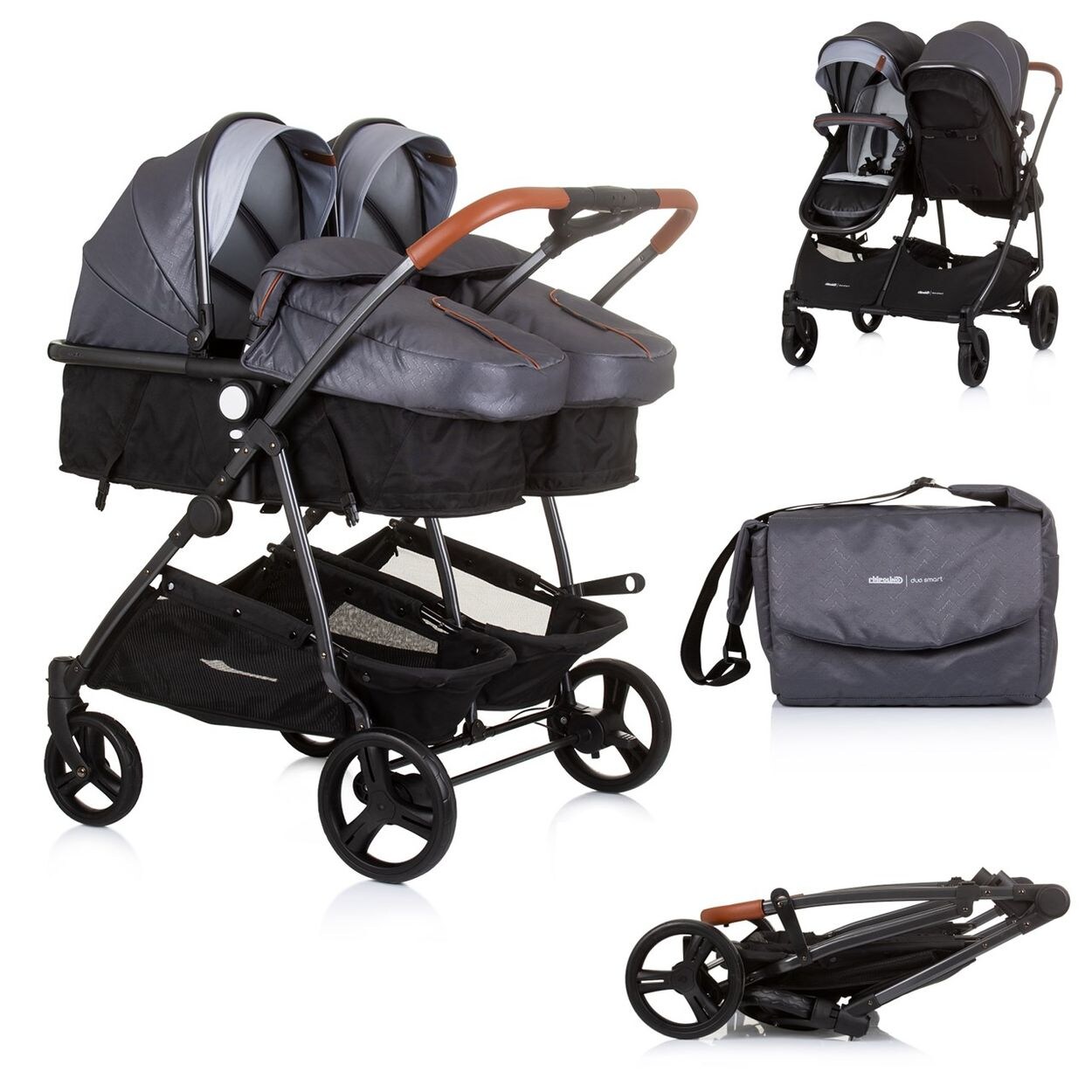 Chipolino Geschwisterkinderwagen Duo Smart klappbar umbaubar verstellbar Fußsack grau hellgrau