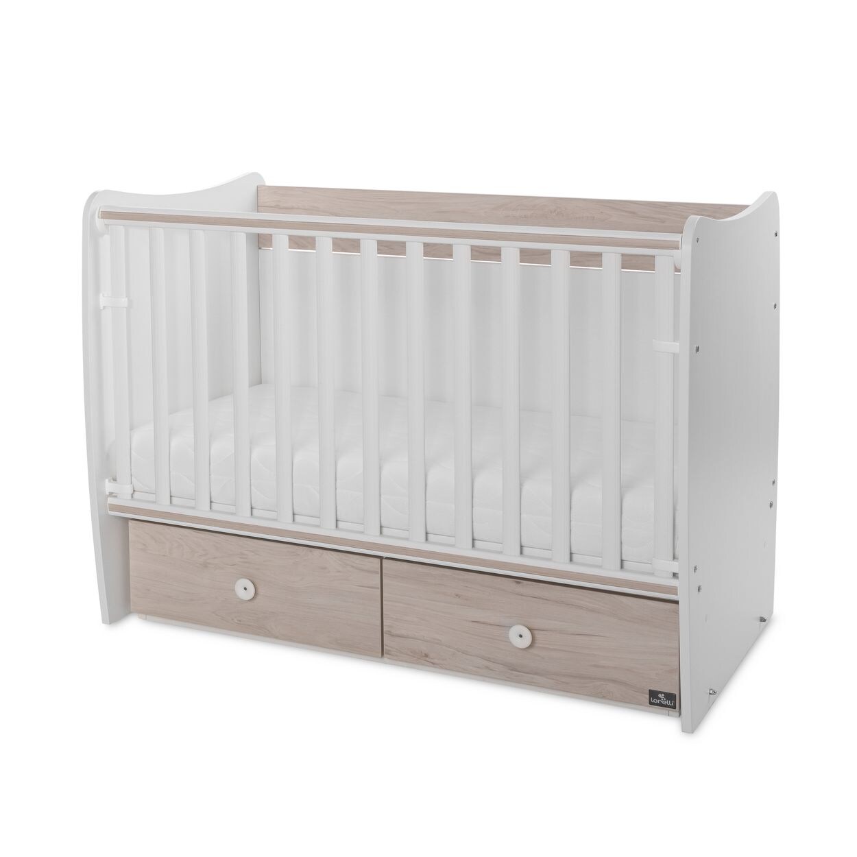 Lorelli Babybett MATRIX NEW Kinderbett 120 x 60 cm, 2 Ebenen, 2 Schubladen hellbraun weiß