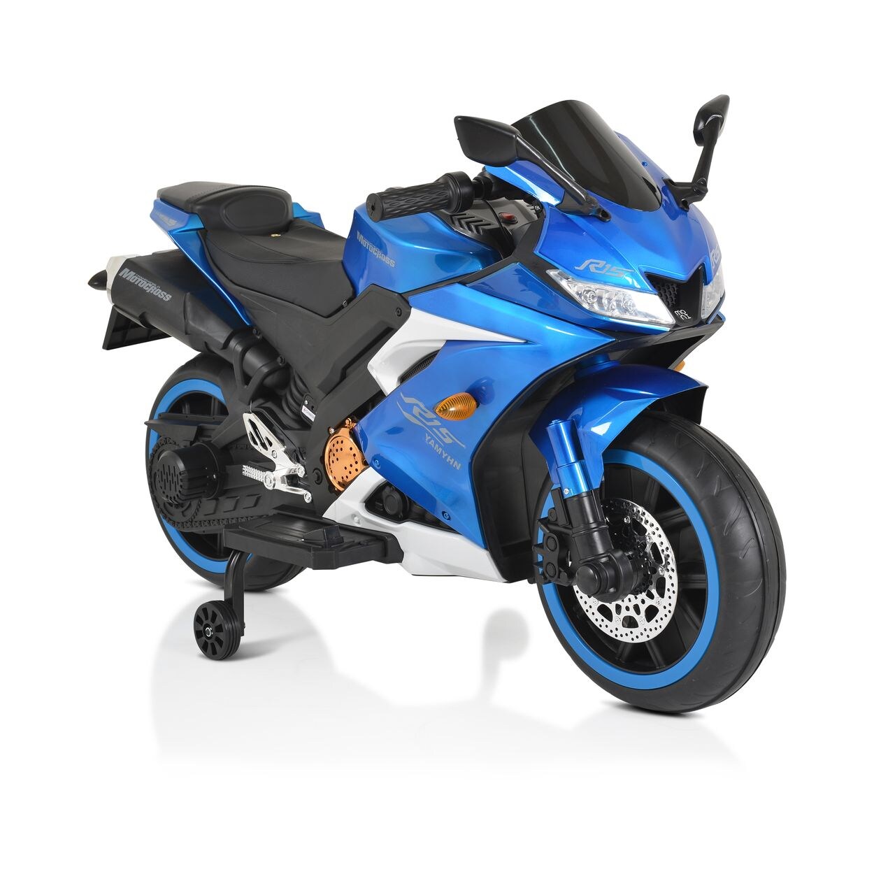Moni Kinder Elektromotorrad Motocross MP3-Funktion Bluetooth Stützräder Lichter blau