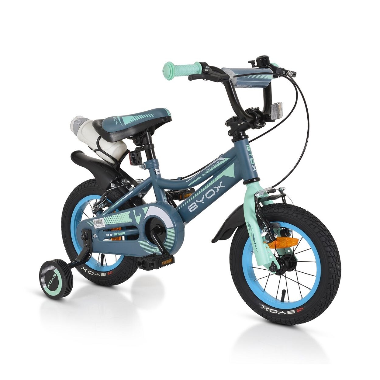 Byox Kinderfahrrad 12 Zoll Prince, sportliches Design, Stützräder, Kettenschutz grau-blau