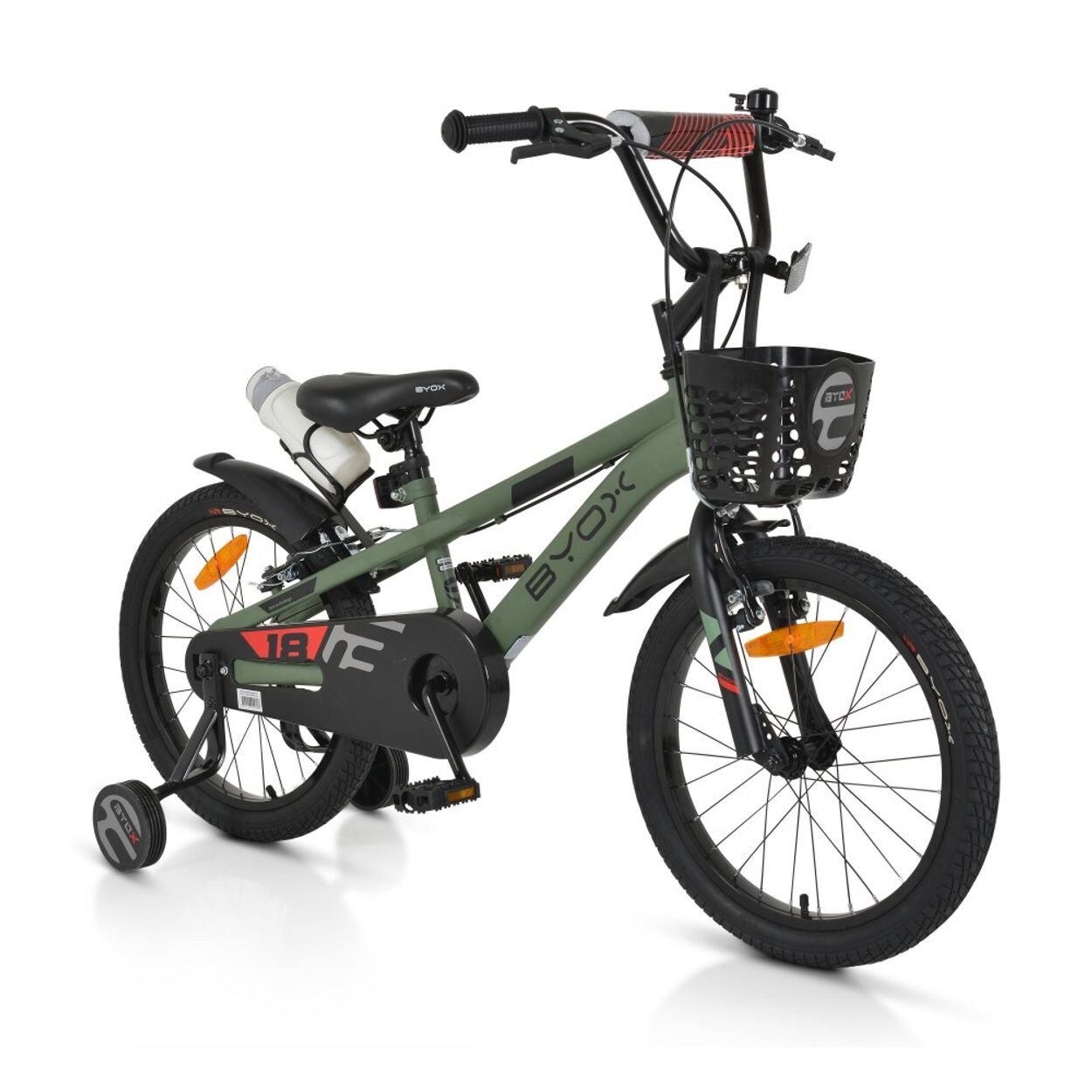 Byox Kinderfahrrad Challenge 18 Zoll Frontkorb Flasche Stützräder ab 5 Jahre grün