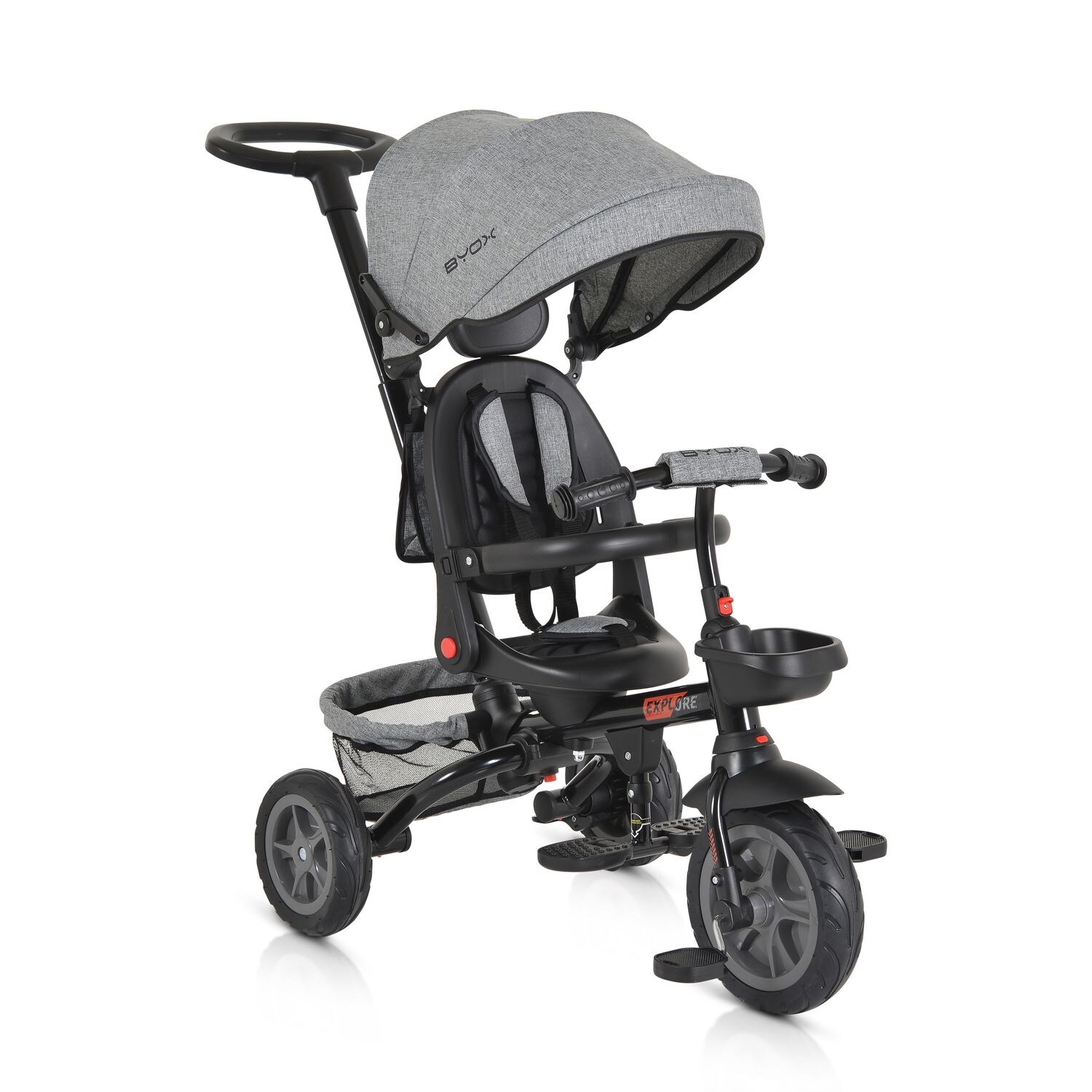 Byox Tricycle Explore 3 in 1 Dreirad umkehrbarer Sitz Schiebegriff Körbe Pedale hellgrau | 03800146231415