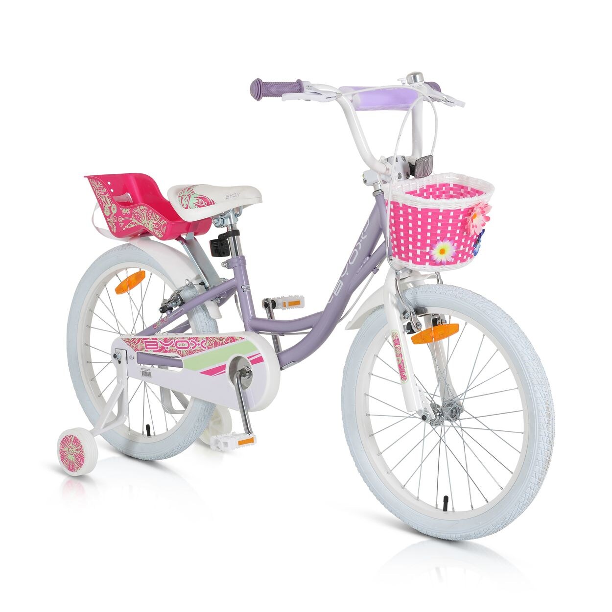 Byox Kinderfahrrad 20 Zoll Fashion Girl, Stützräder, Korb am Lenker, Puppensitz lila