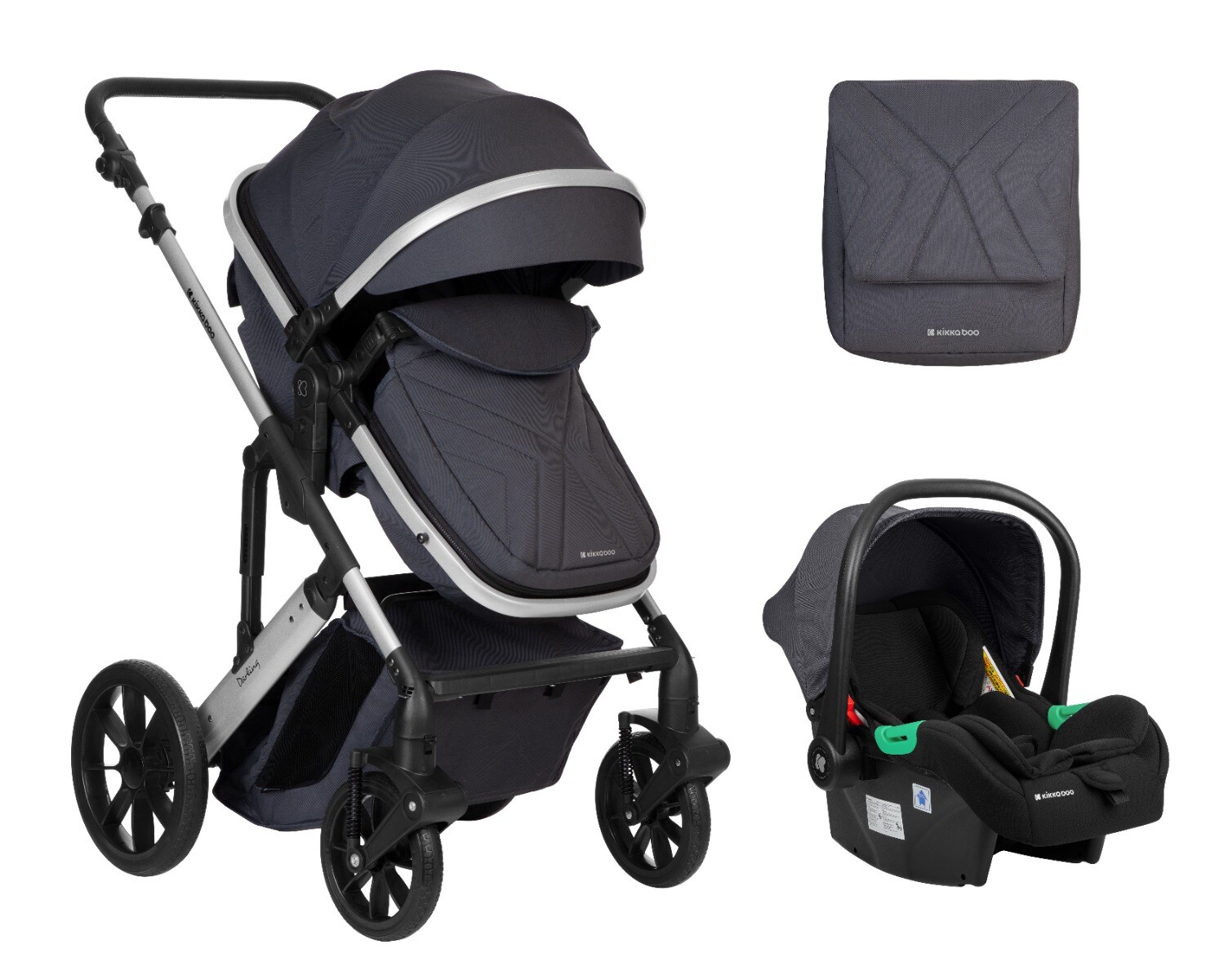 Kikkaboo Kinderwagen Darling 3 in 1 Sportsitz Tragetasche Autositz Wickeltasche grau gemustert | 03800171209700