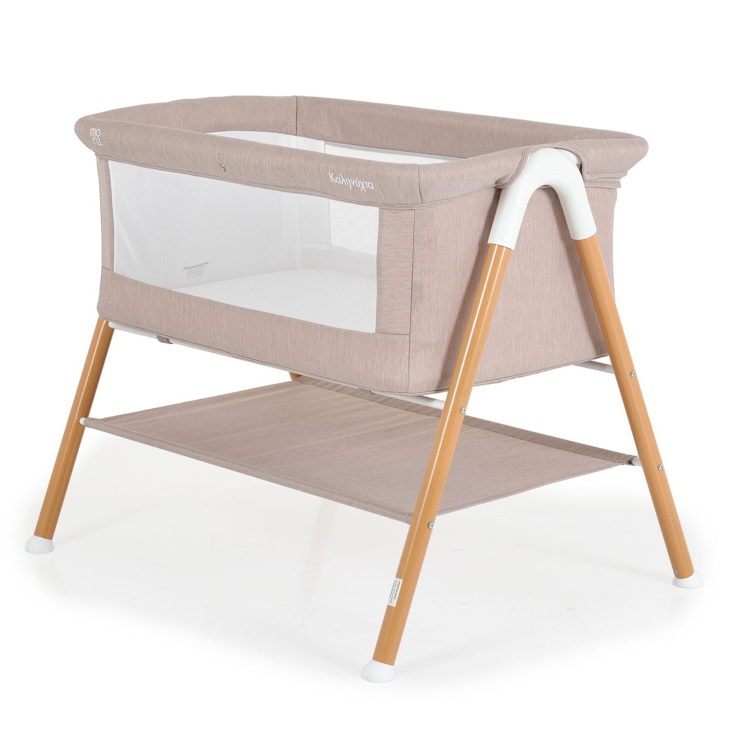 Moni Beistellbett Kalinihta Matratze mit Reißverschluss, Moskitonetz, Holzdruck hellbraun
