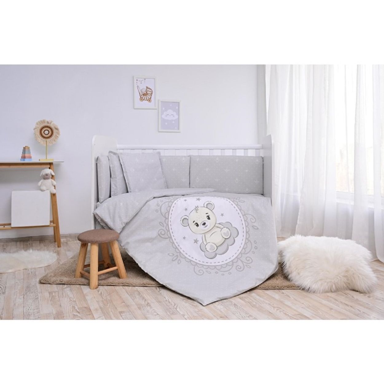 Lorelli Babybettw&auml;sche Set Smile 6-teilig Decke 140x95 Kissen 43x35 Bett 120x60 grau Sterne - Bild 1