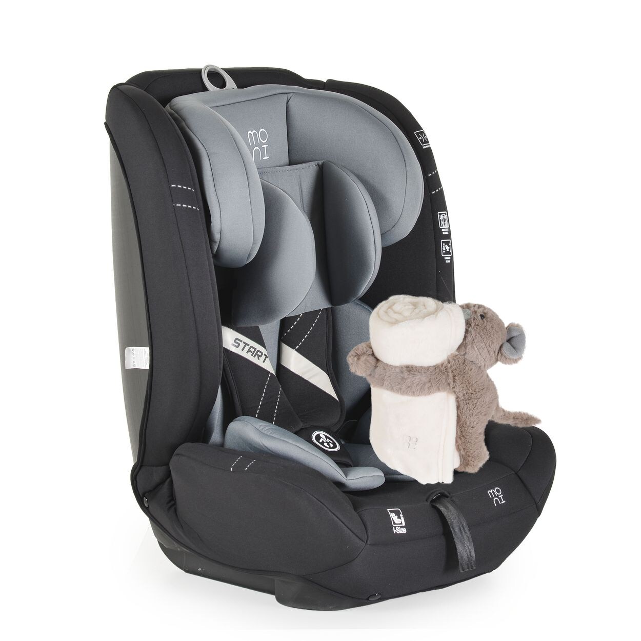 Moni Kindersitz i-Size Start (76-150cm) Kopfstütze verstellbar, Kuscheltier grau
