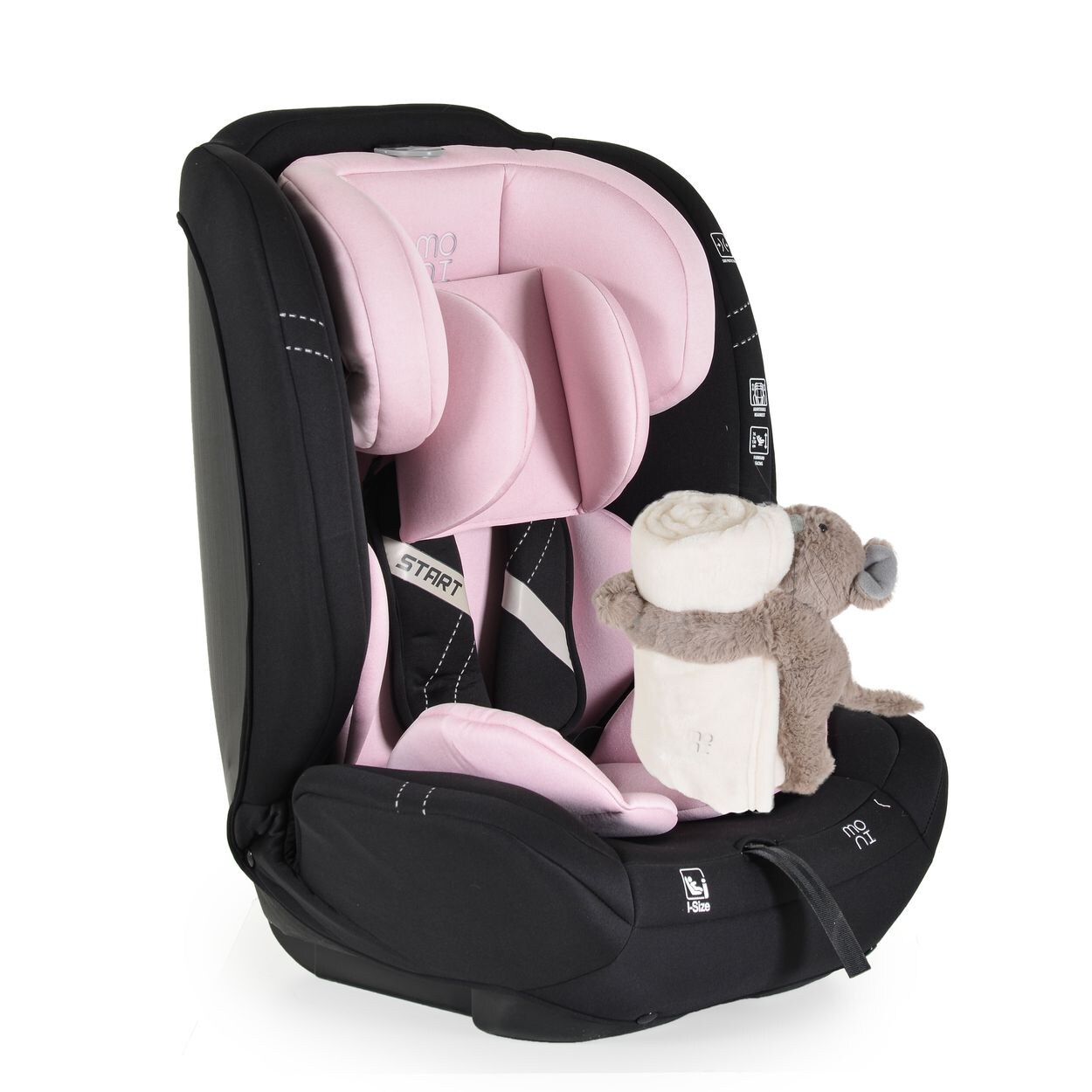 Moni Kindersitz i-Size Start (76-150cm) Kopfstütze verstellbar, Kuscheltier rosa