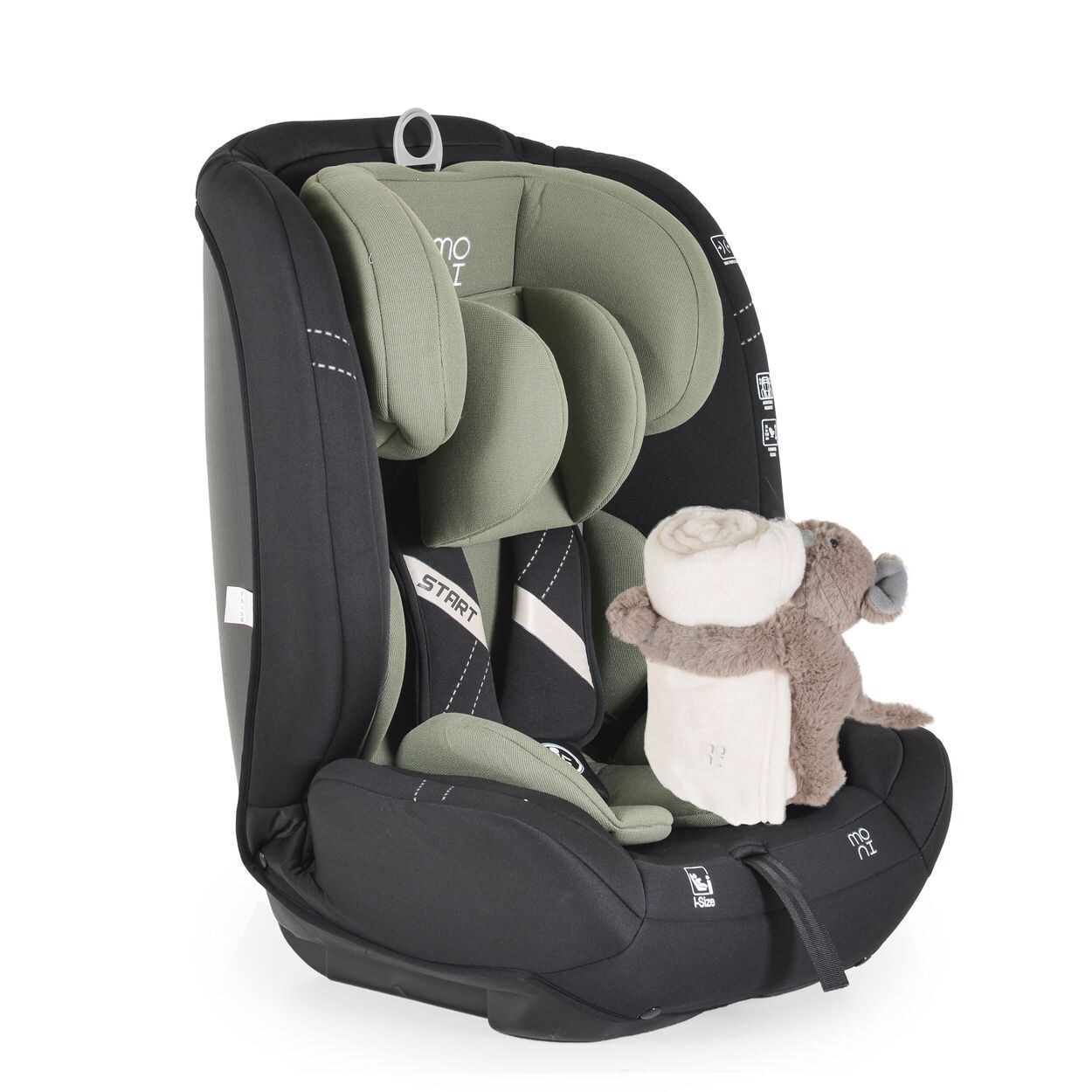 Moni Kindersitz i-Size Start (76-150cm) Kopfstütze verstellbar, Kuscheltier grün